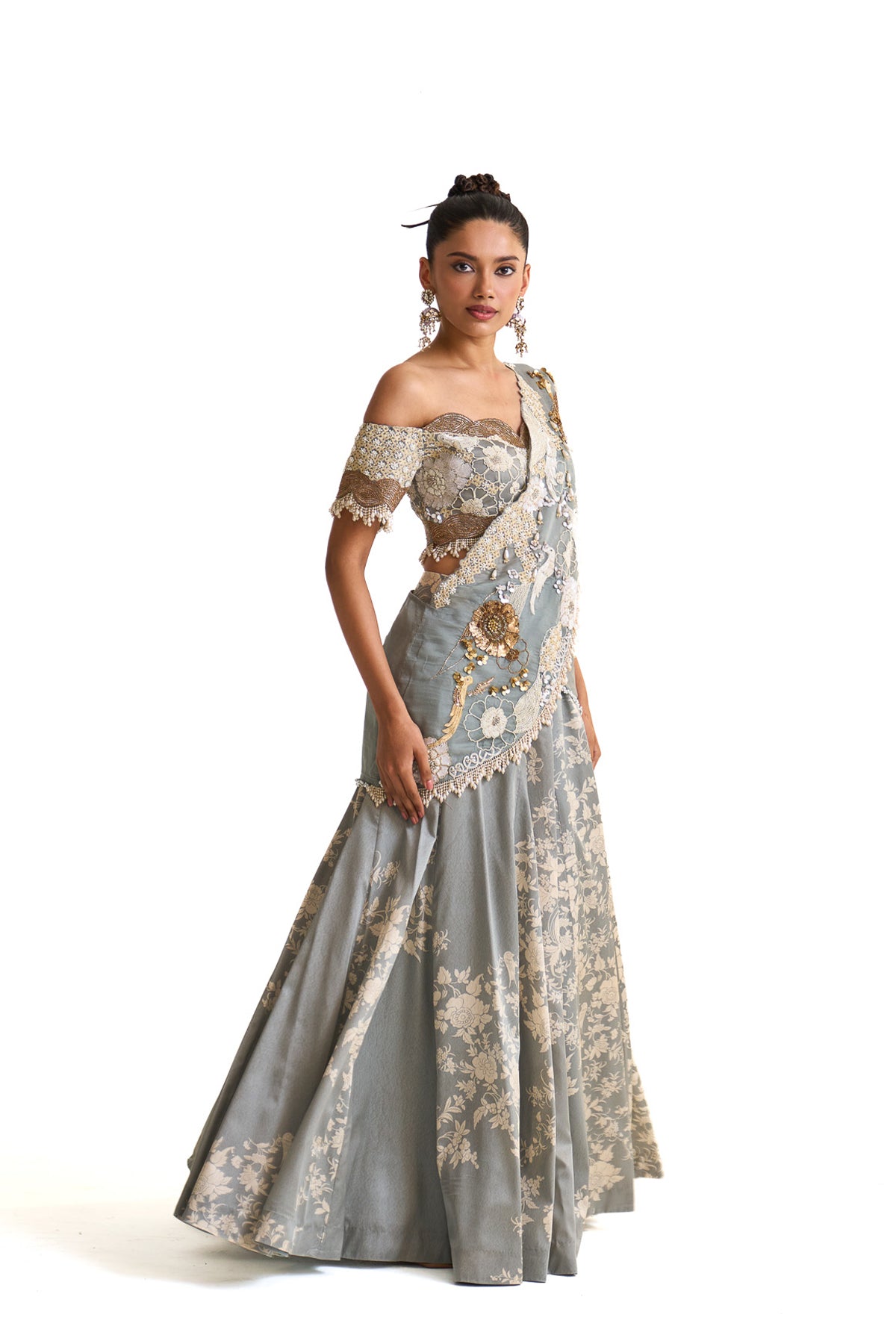 Parsi teal lehenga saree set
