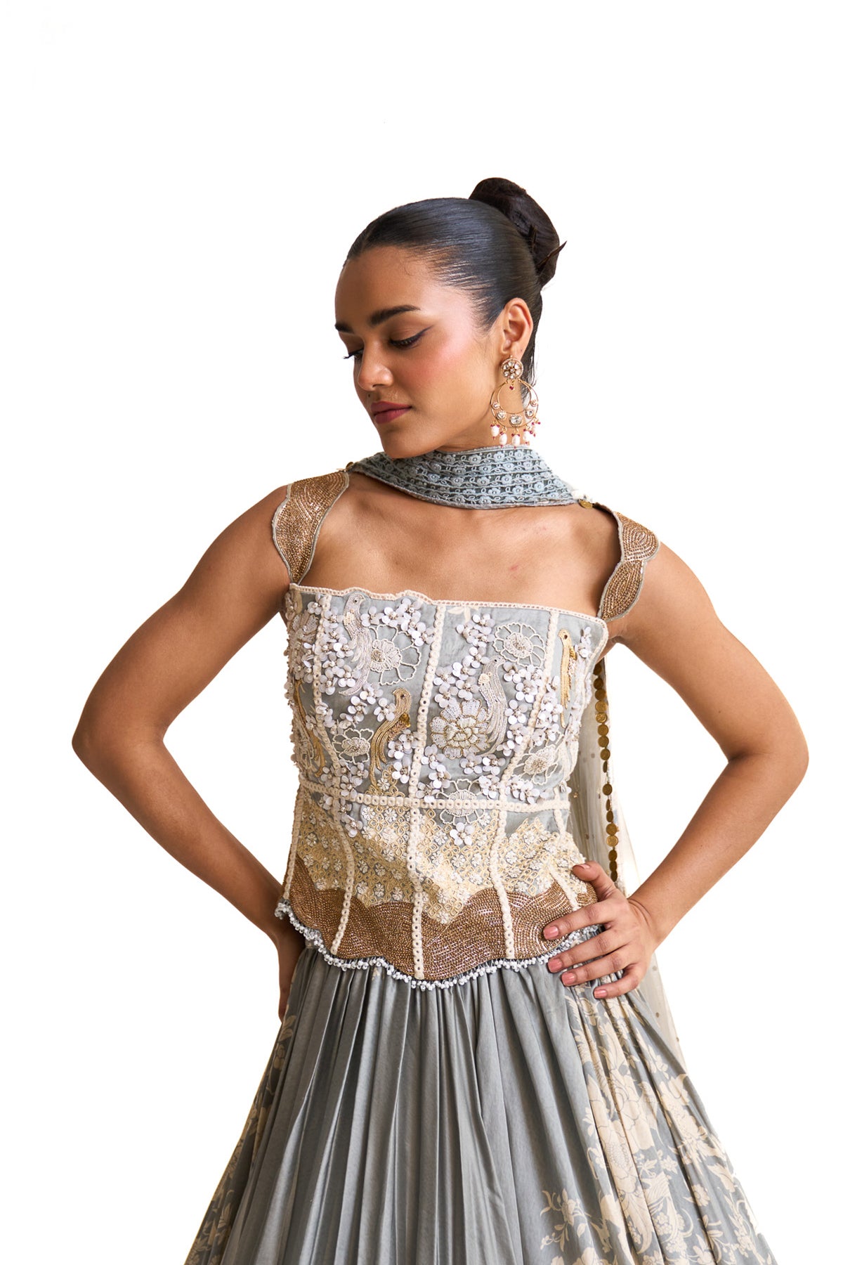 Parsi teal corset with lehenga set