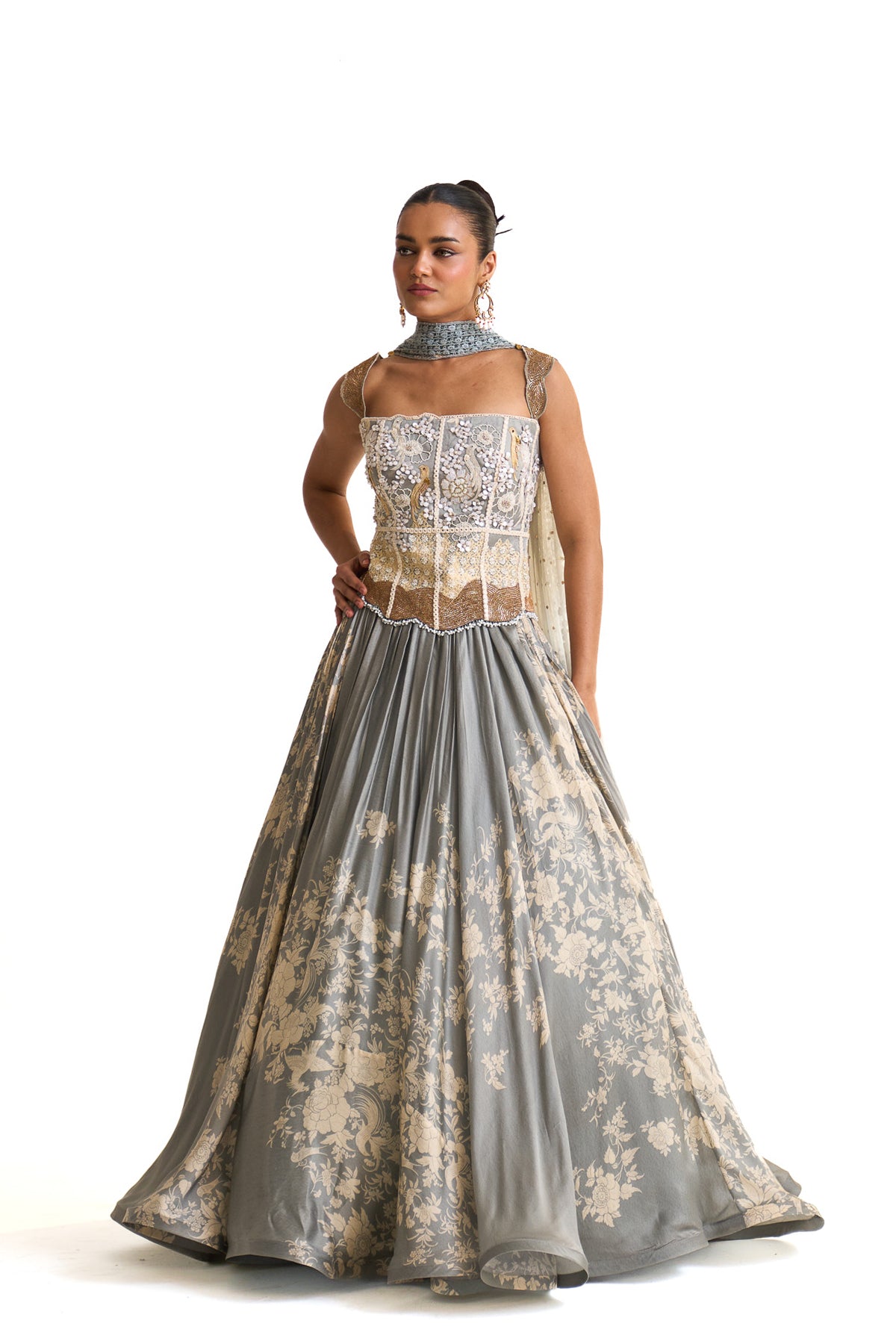 Parsi teal corset with lehenga set