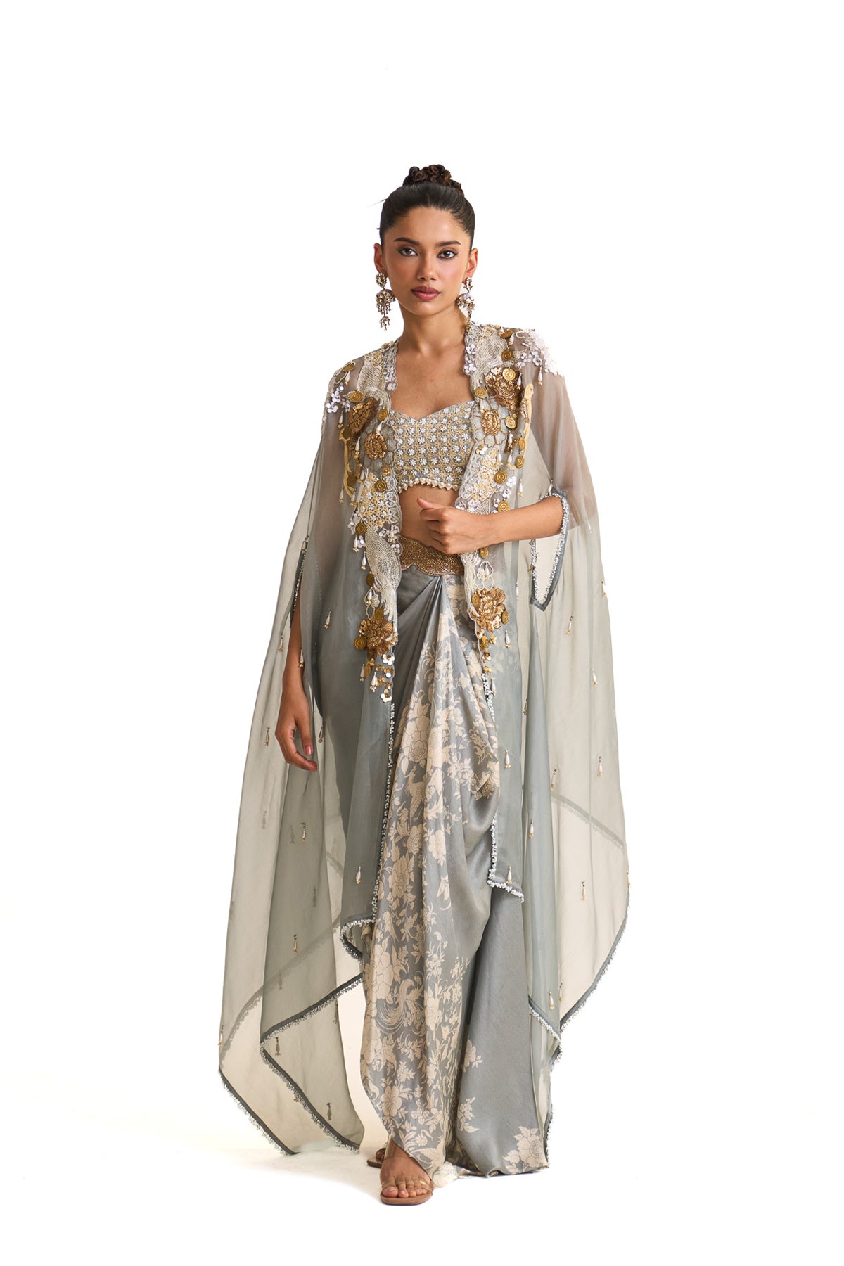 Parsi teal cape and drape skirt set