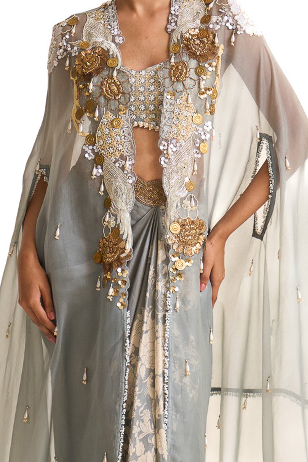 Parsi teal cape and drape skirt set