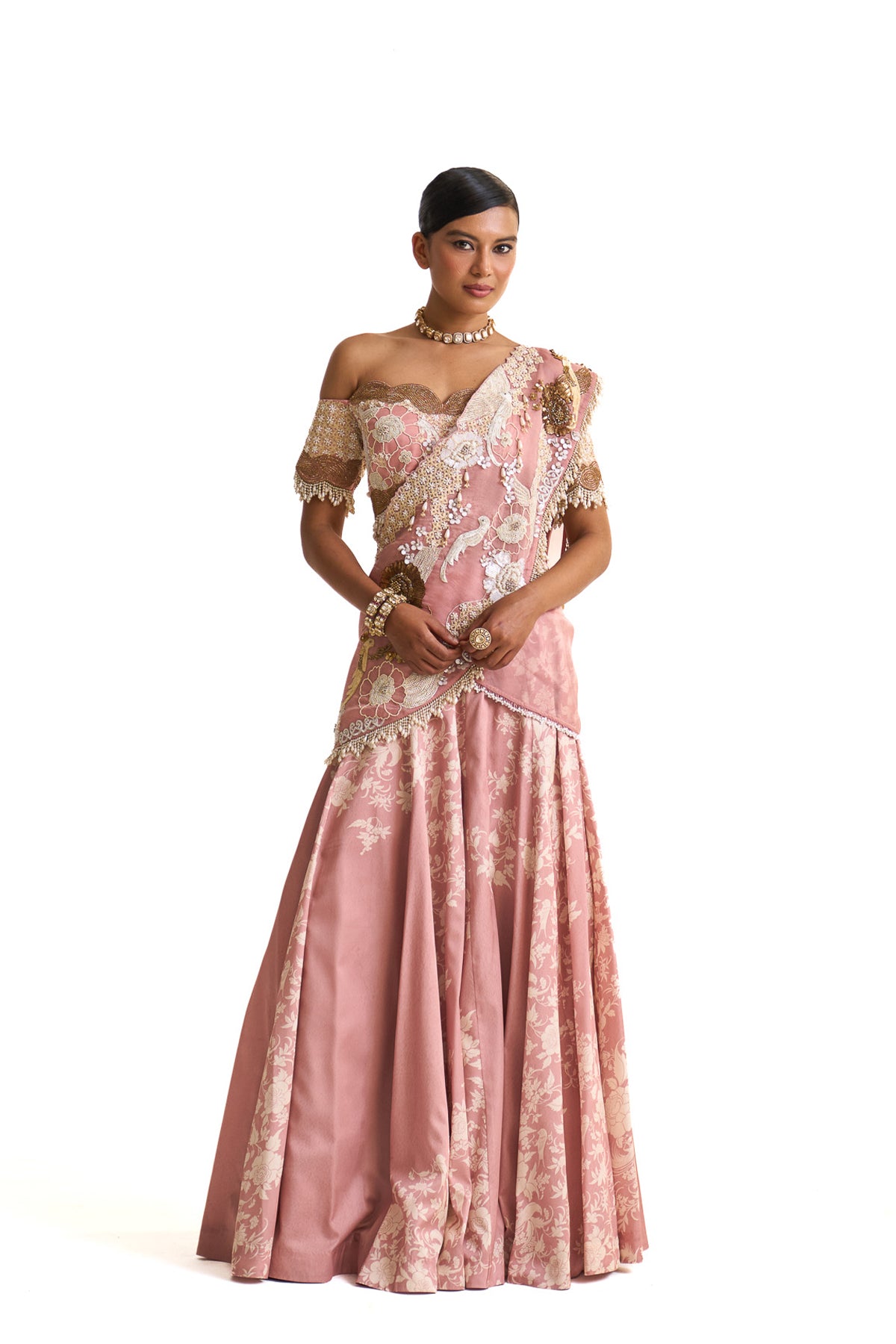 Parsi pink lehenga saree set