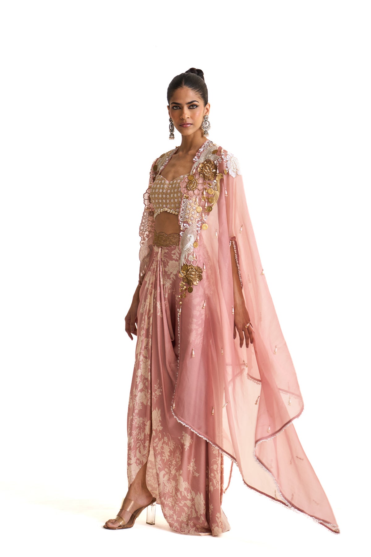 Parsi pink cape and drape skirt set