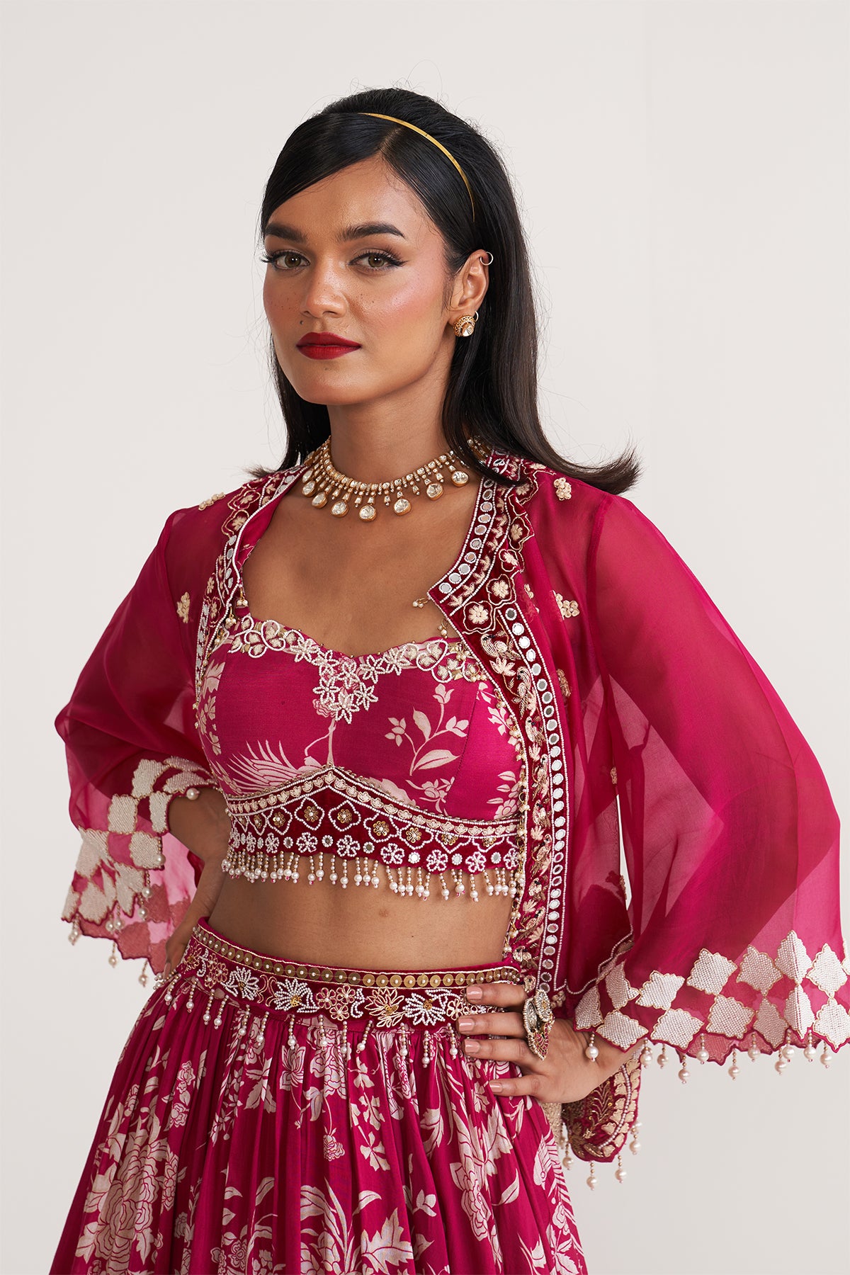 Peocock jacket and printed skirt set