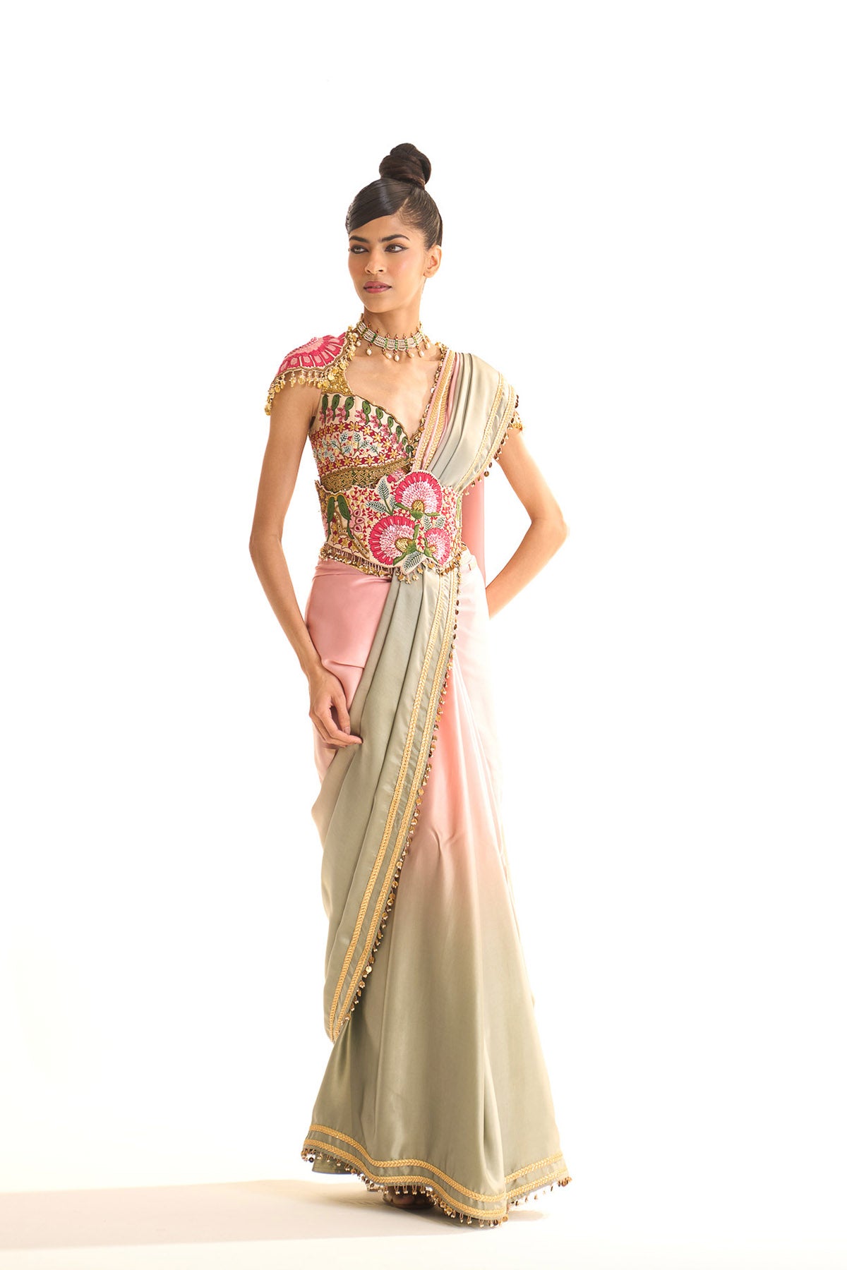 Garden story saree with corset belt