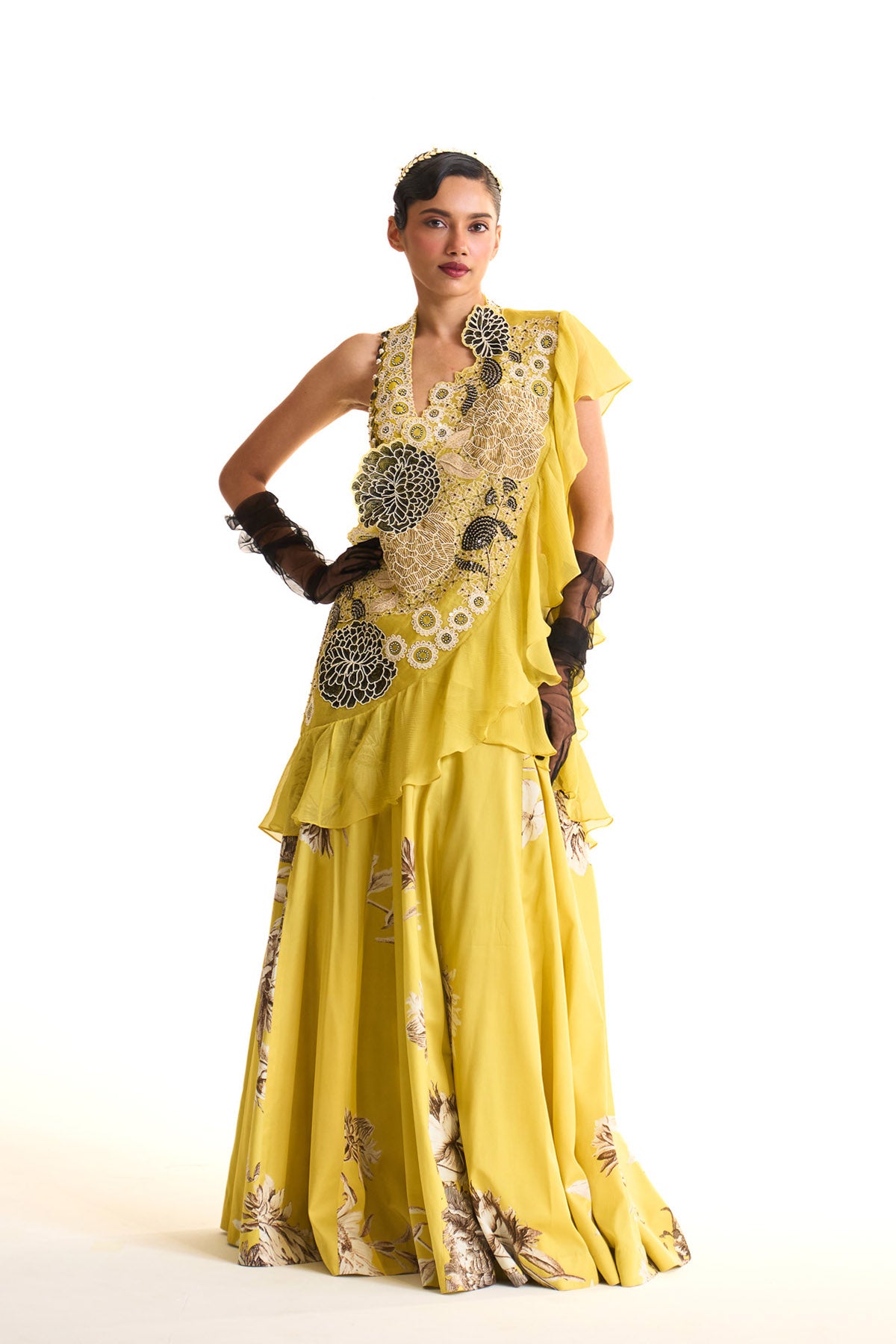 Black iris lehenga saree set
