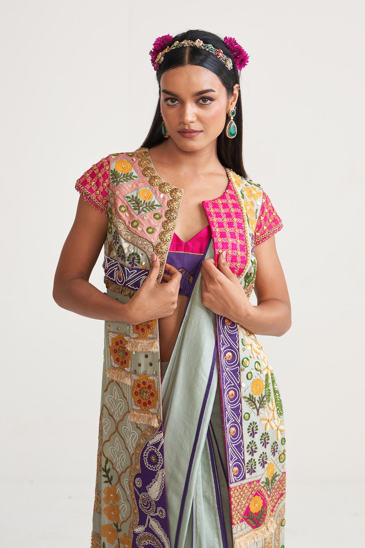 Long jacket with drape saree