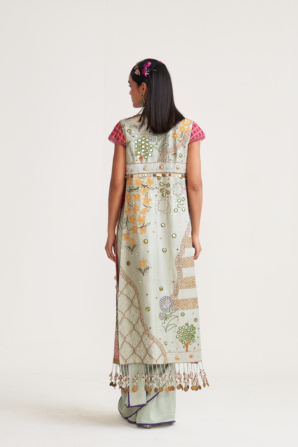 Long jacket with drape saree