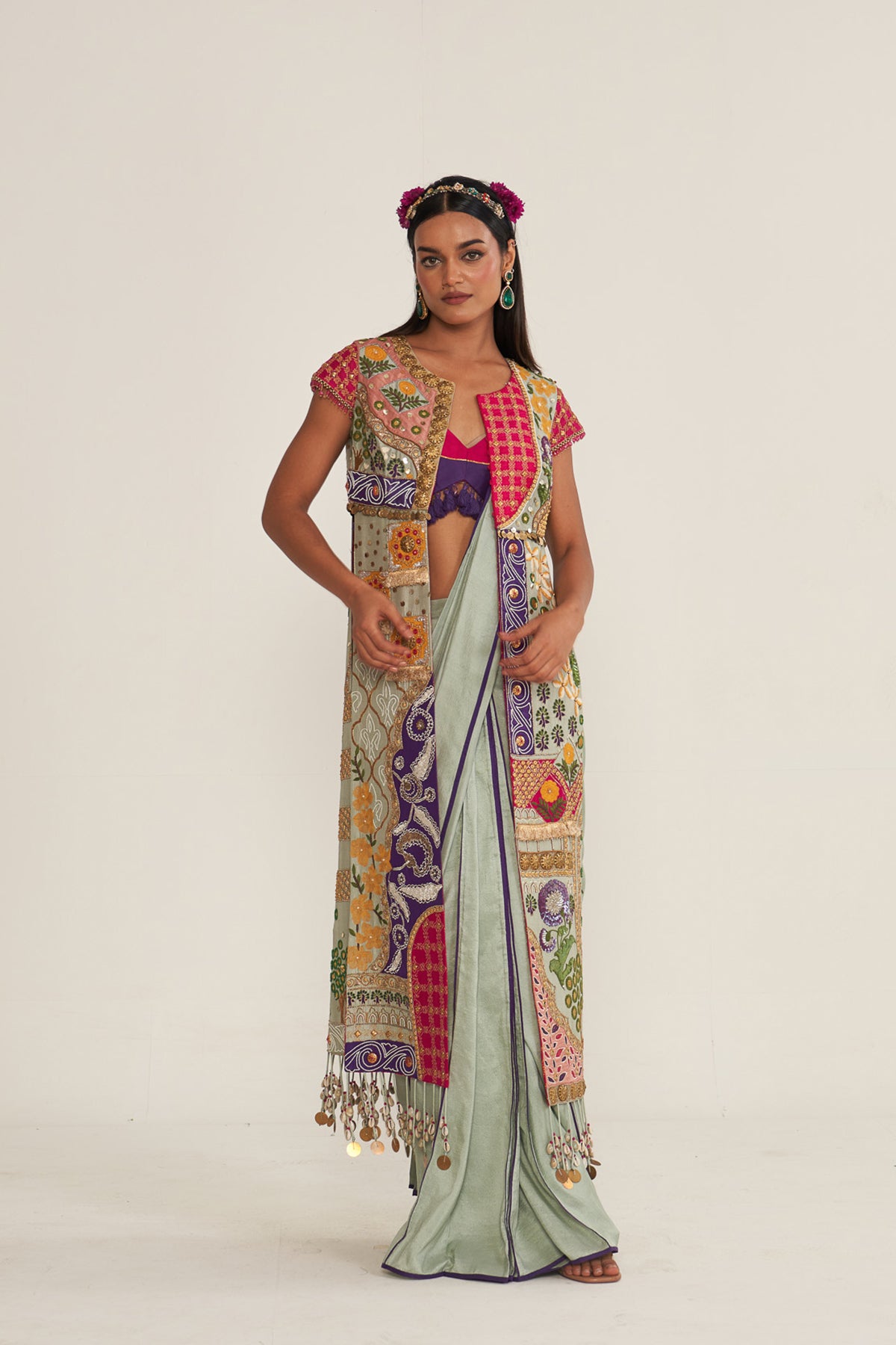 Long jacket with drape saree