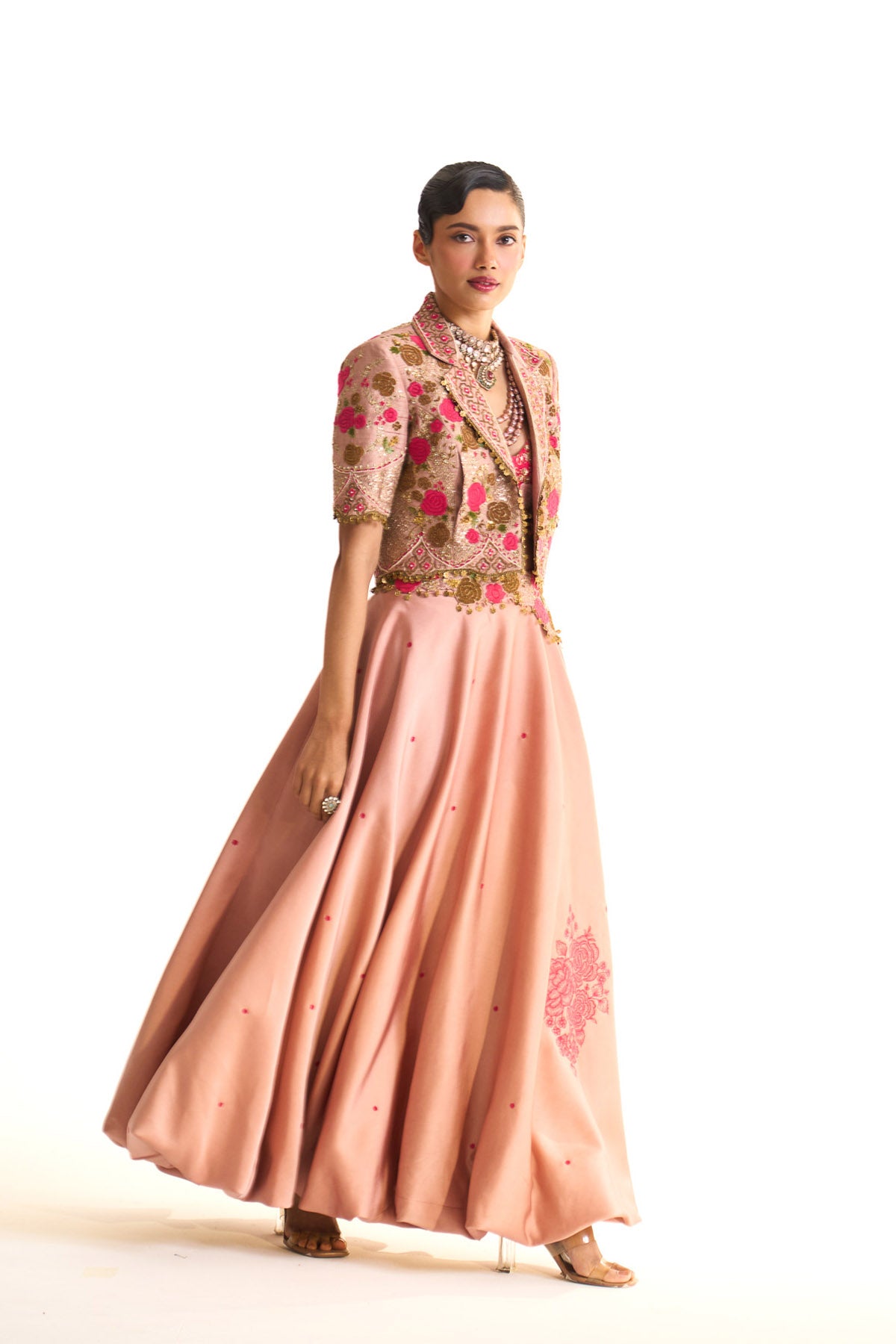 Pink rose crop blazer & balloon skirt set