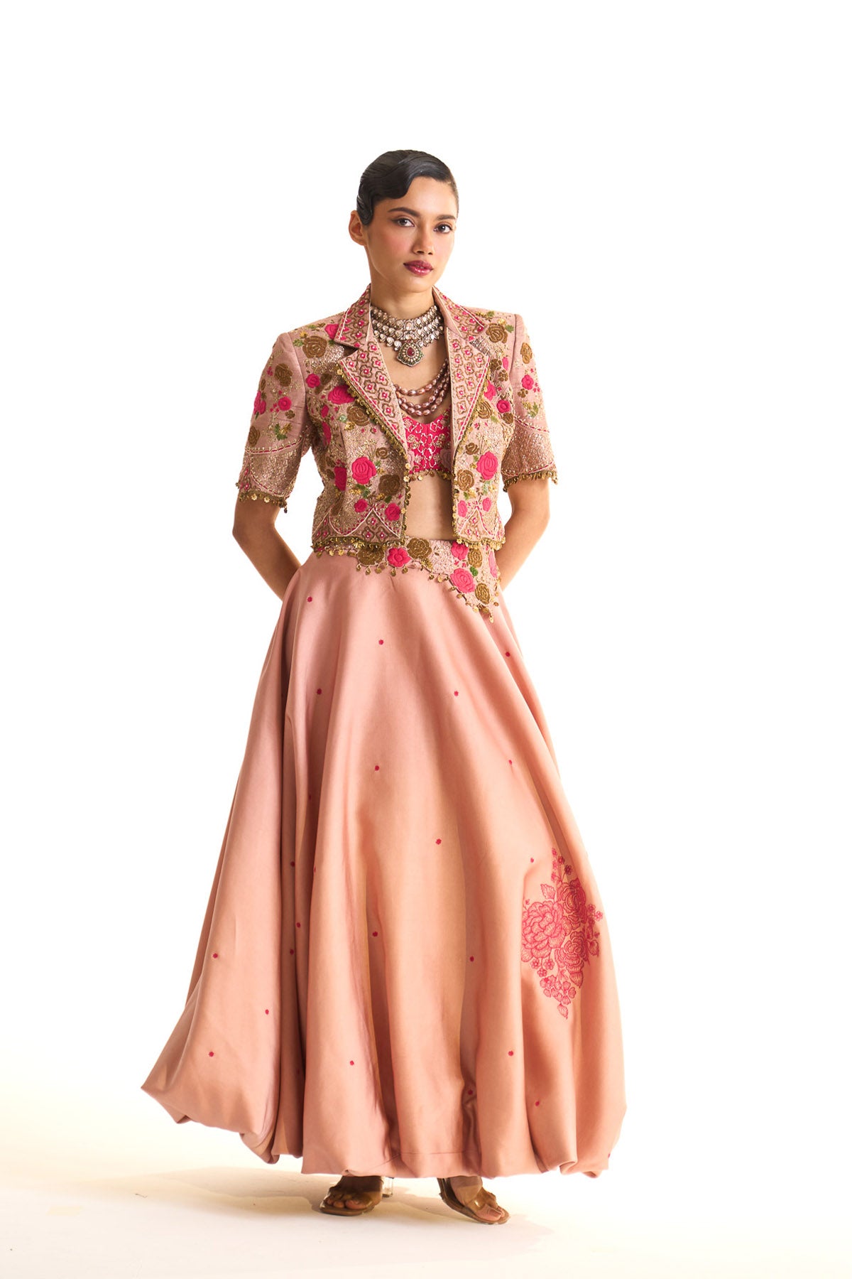 Pink rose crop blazer & balloon skirt set