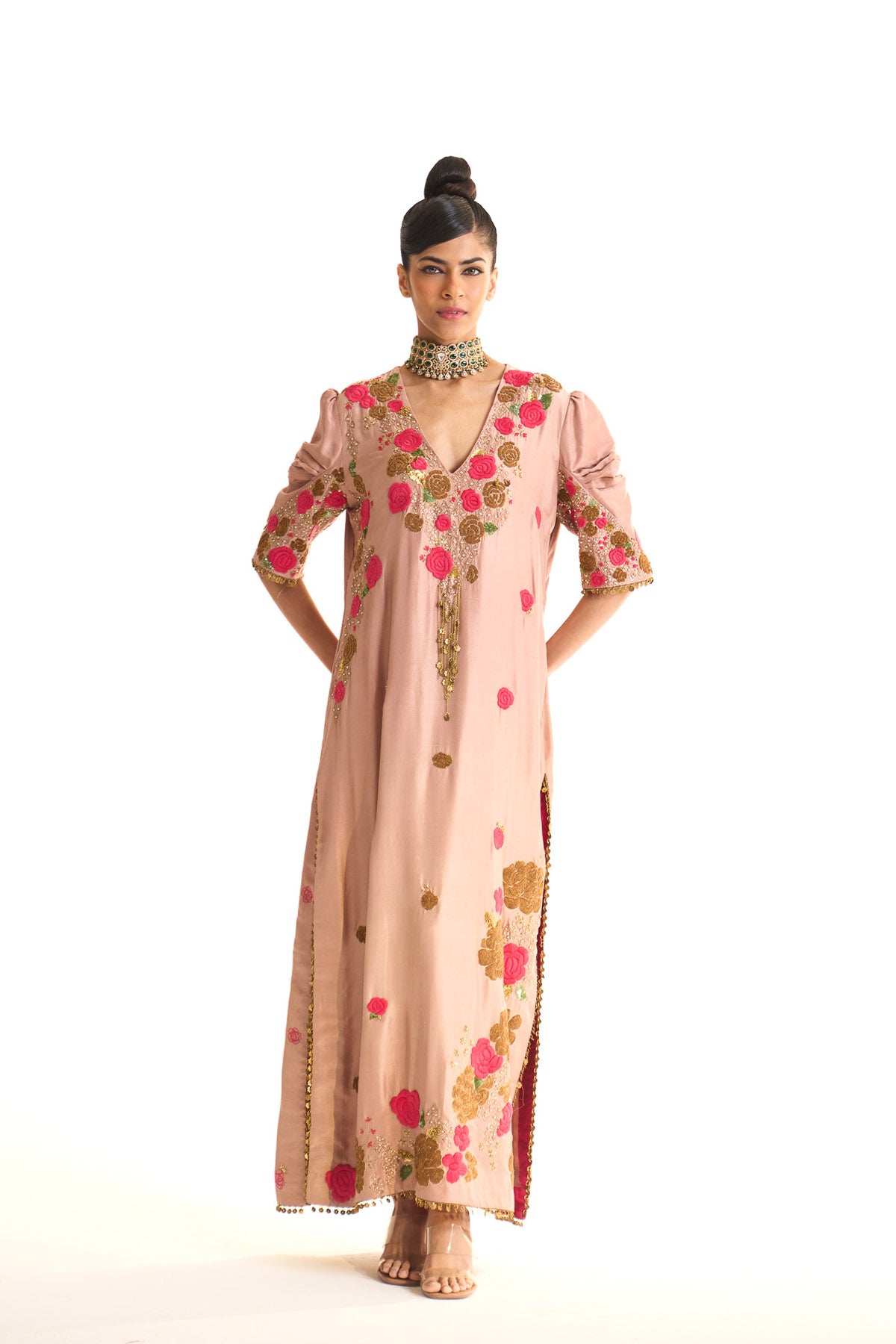 Pink rose V neck kaftan