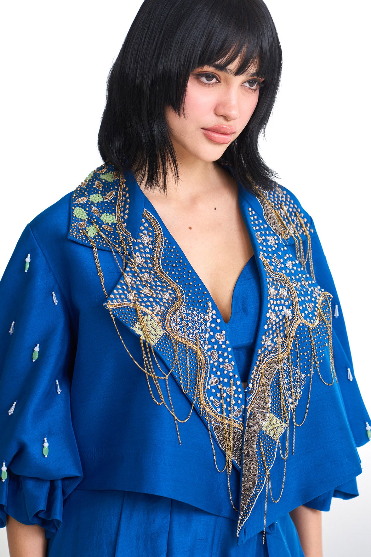 Silver sea puff sleeve jacket set