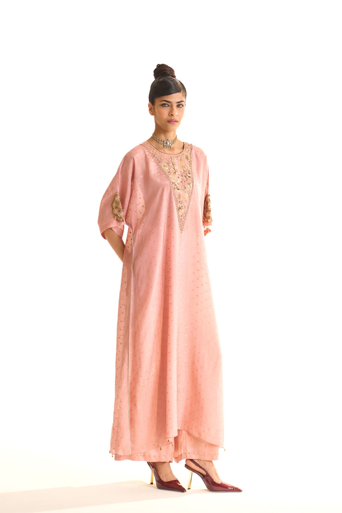 Summer mist Pink Gold satin kaftan set