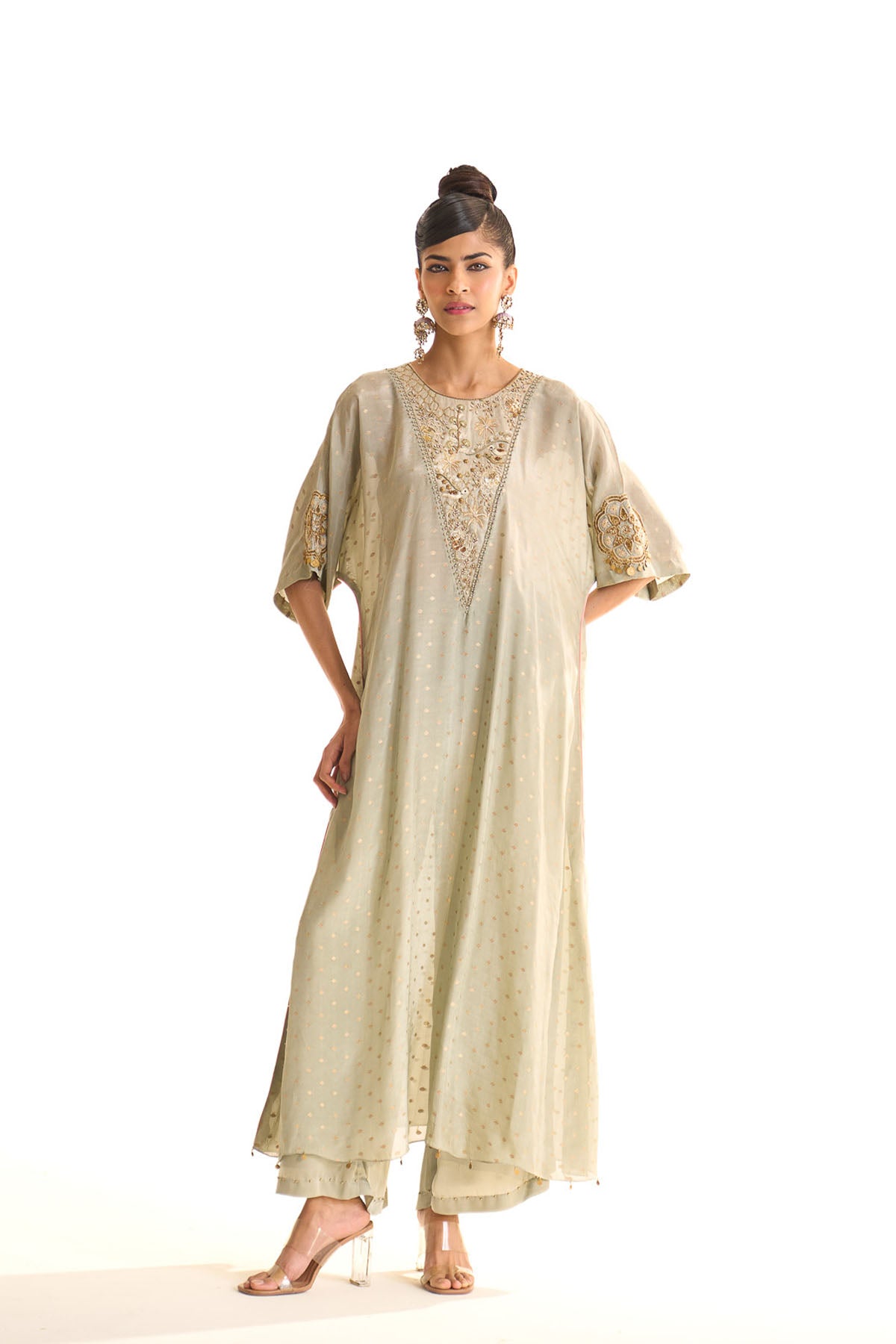 Summer mist teal Gold satin kaftan set