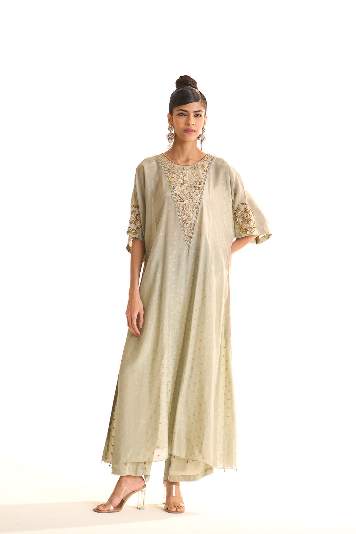 Summer mist teal Gold satin kaftan set