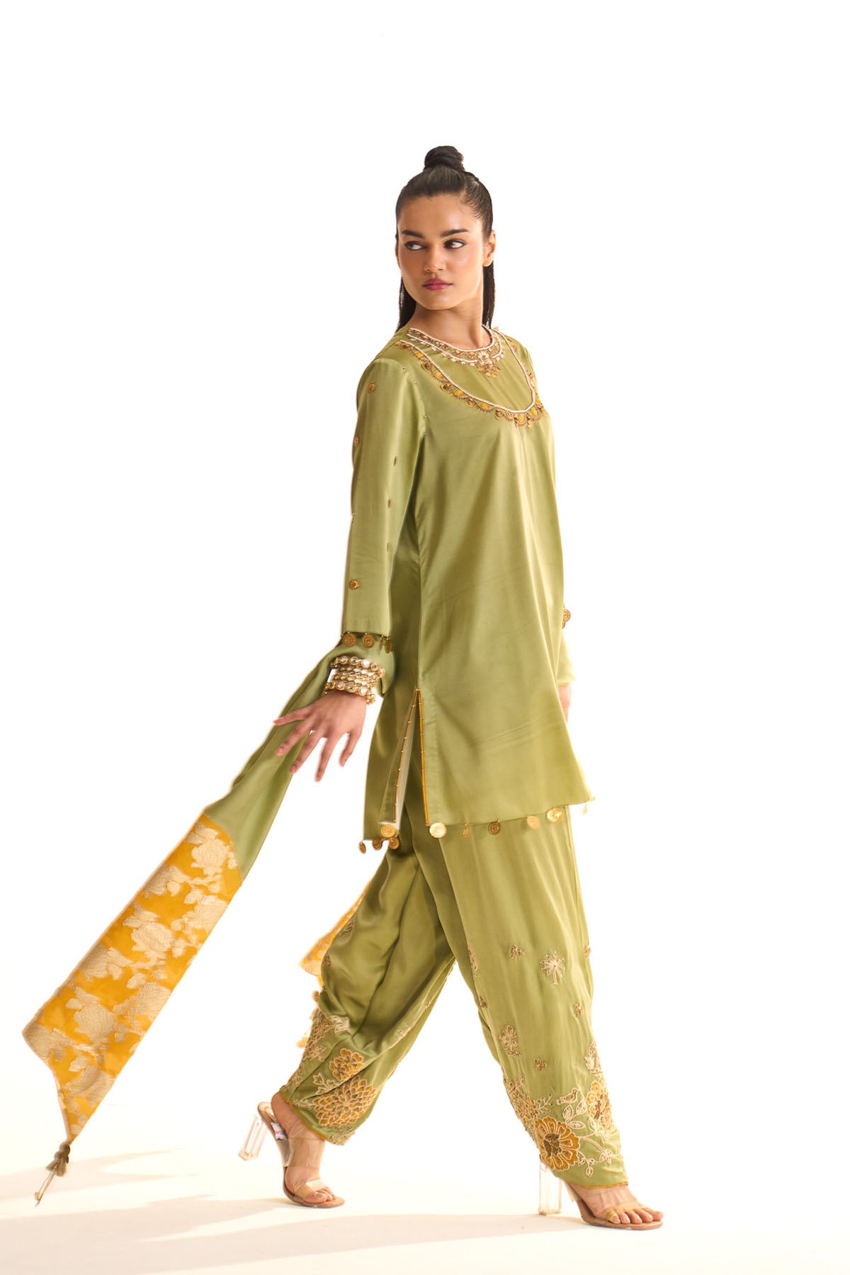 Summer mist Green A-line satin neck embroidered set