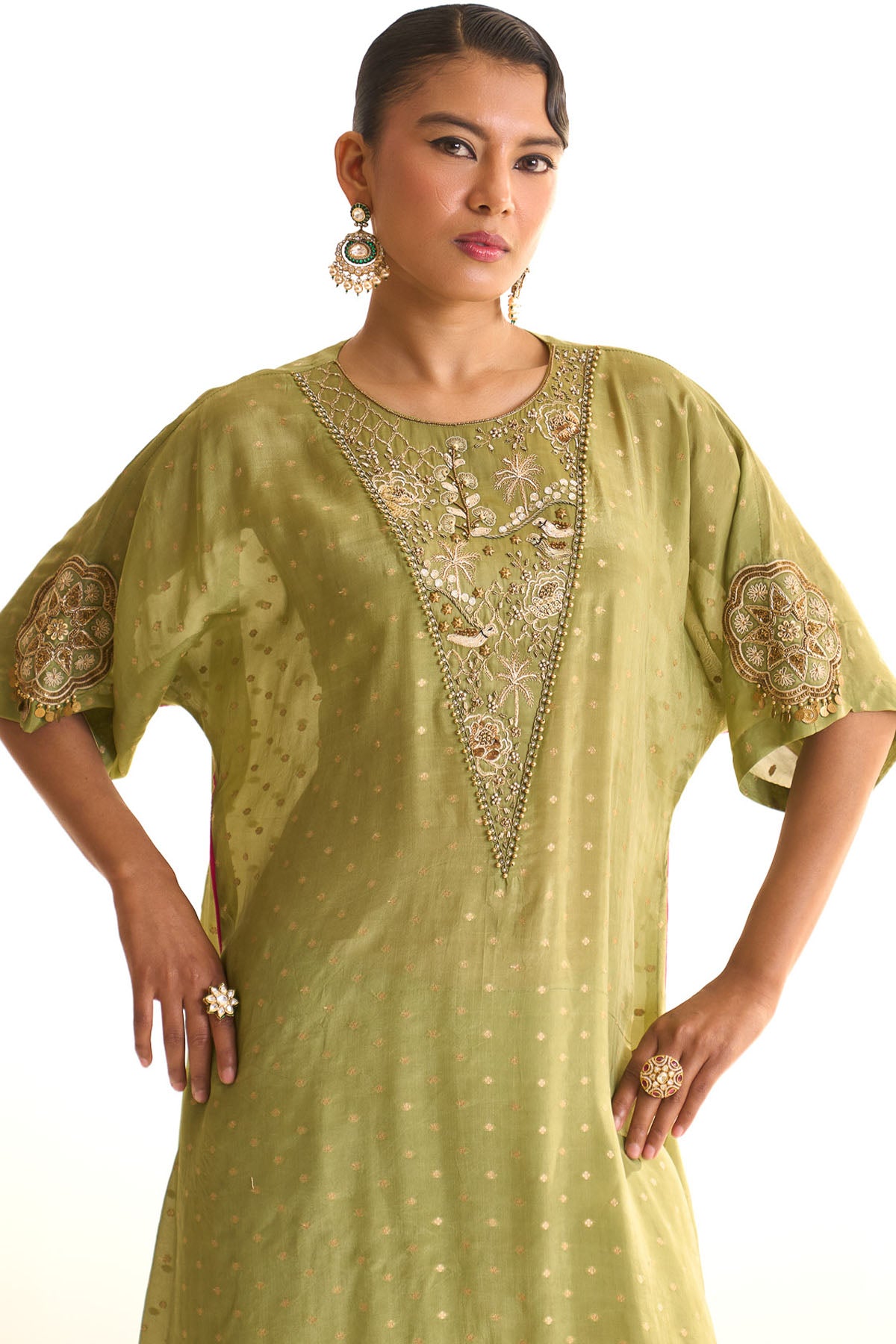 Summer mist green Gold satin kaftan set