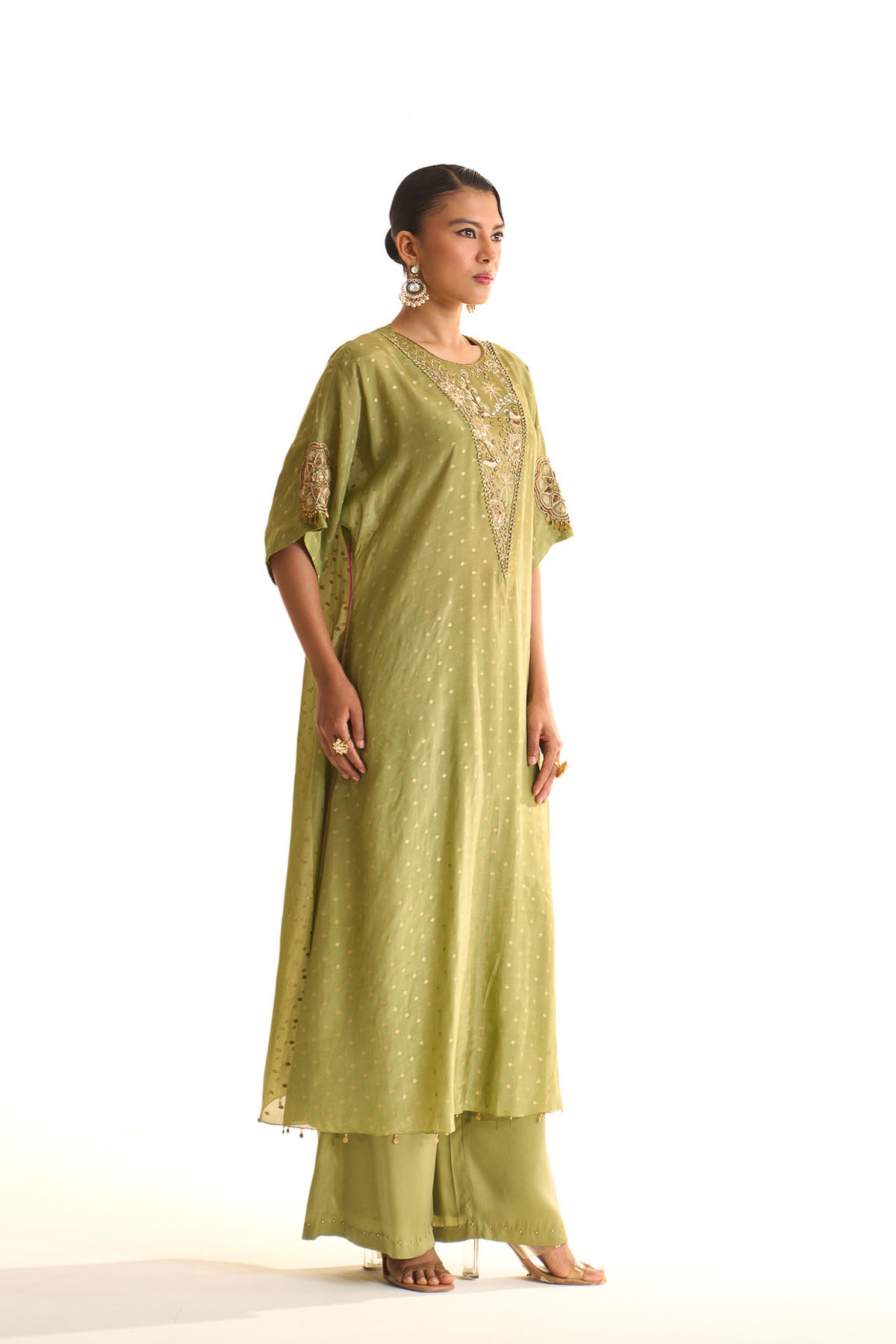 Summer mist green Gold satin kaftan set