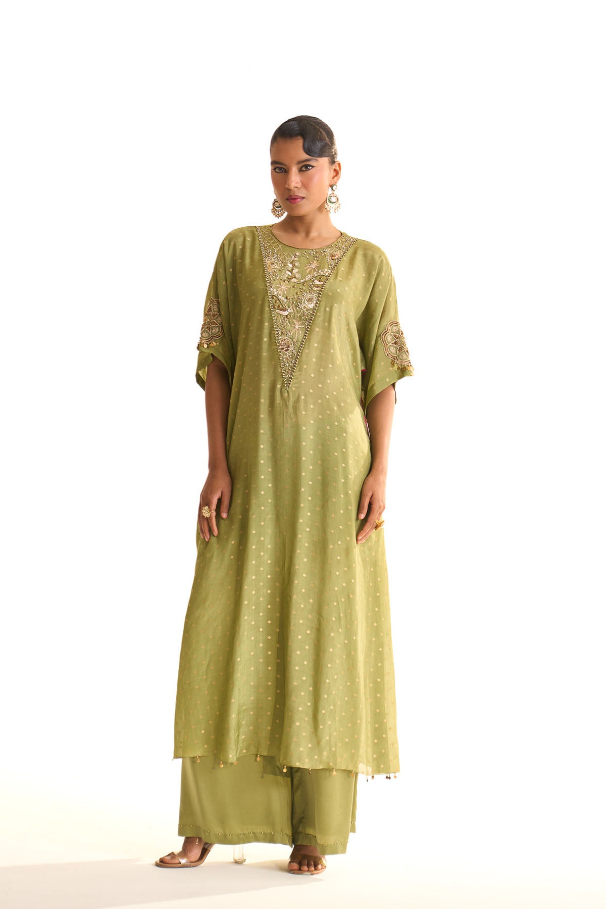 Summer mist green Gold satin kaftan set