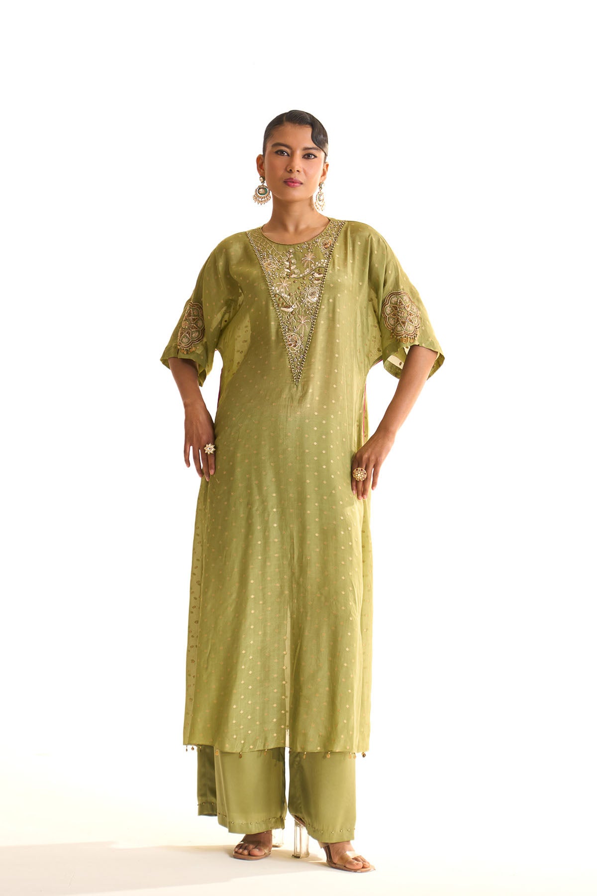 Summer mist green Gold satin kaftan set