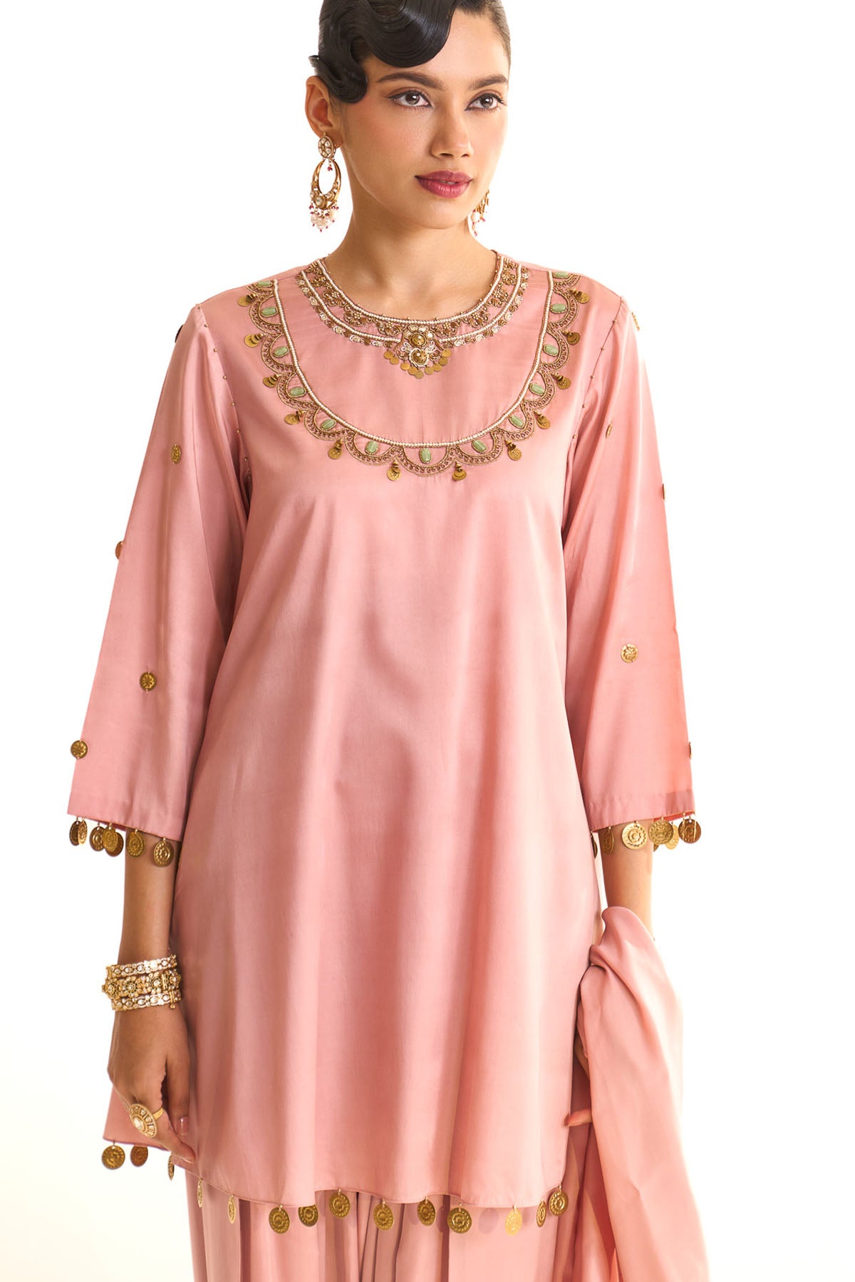Summer mist Pink A-line satin neck embroidered set