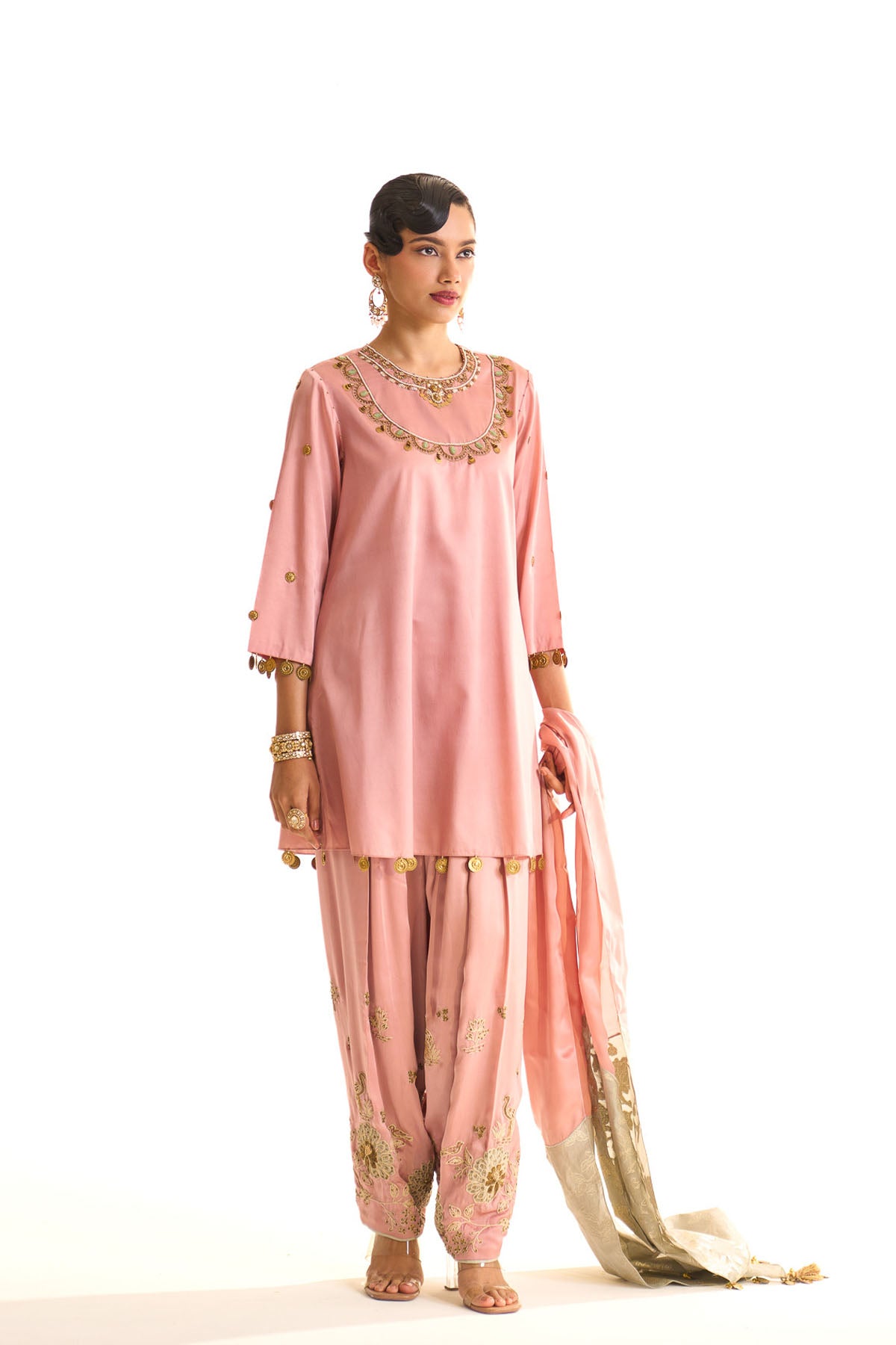 Summer mist Pink A-line satin neck embroidered set