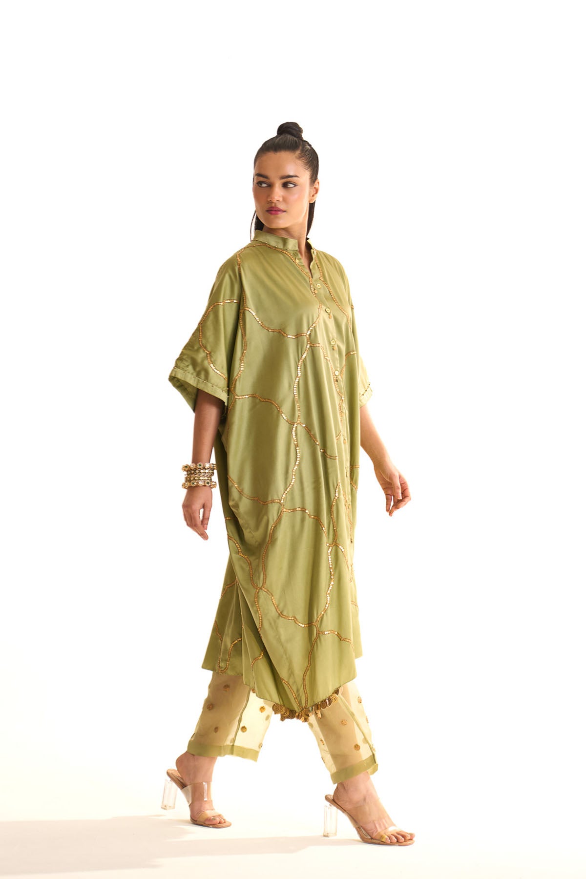 Summer mist green Mehrab jaal kurta set