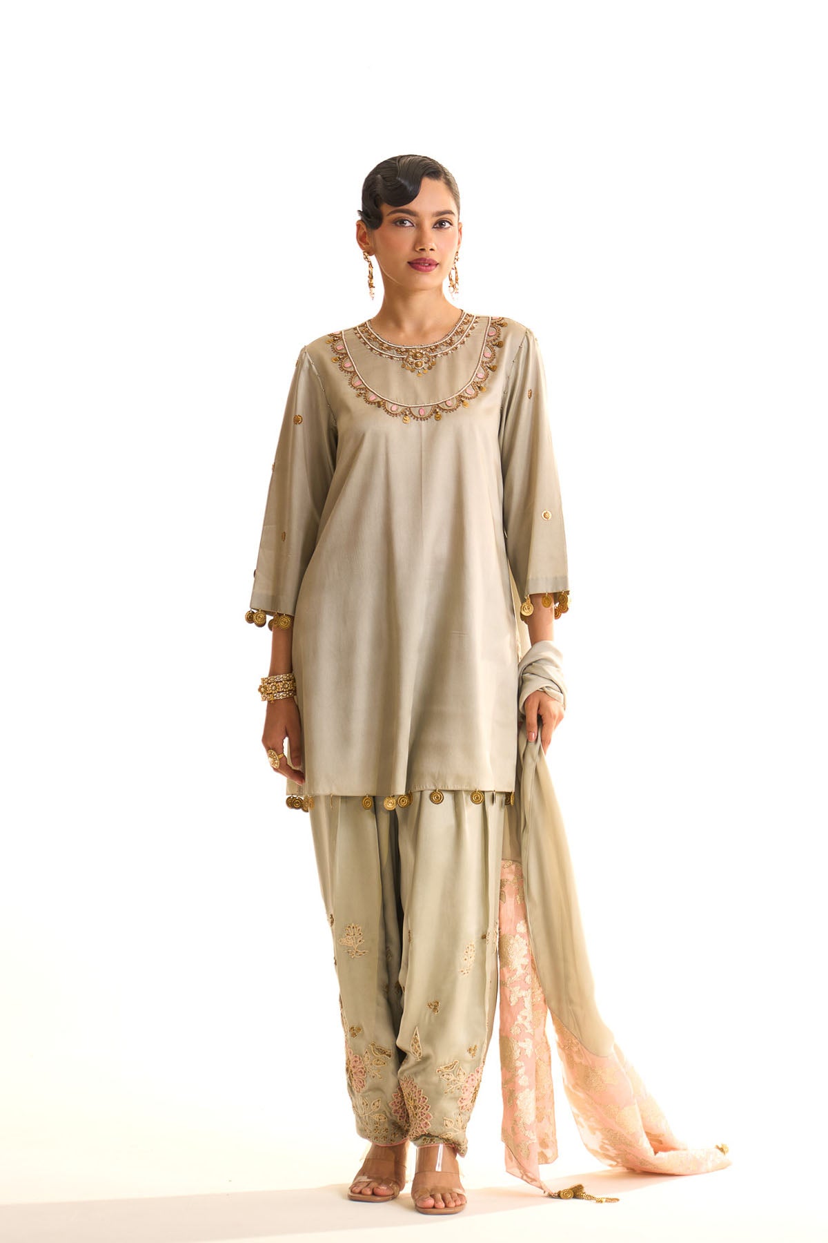 Summer mist Teal A-line satin neck embroidered set