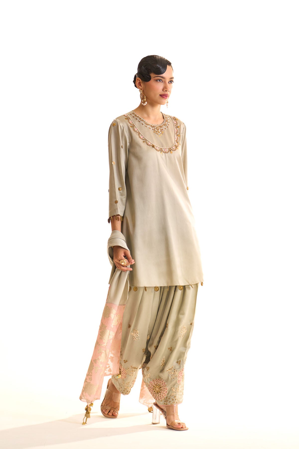 Summer mist Teal A-line satin neck embroidered set