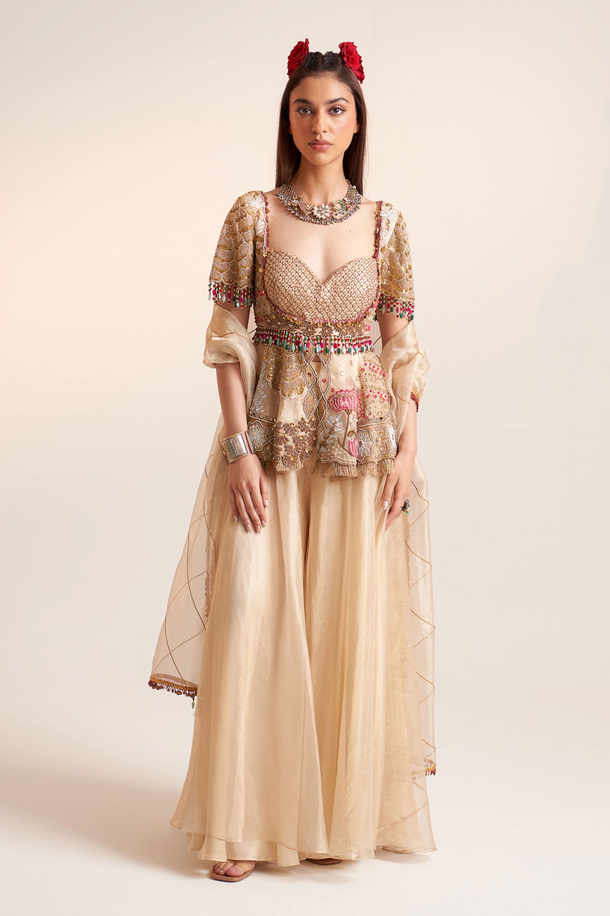 BEIGE SELF ON SELF PEPLUM-SHARARA SET