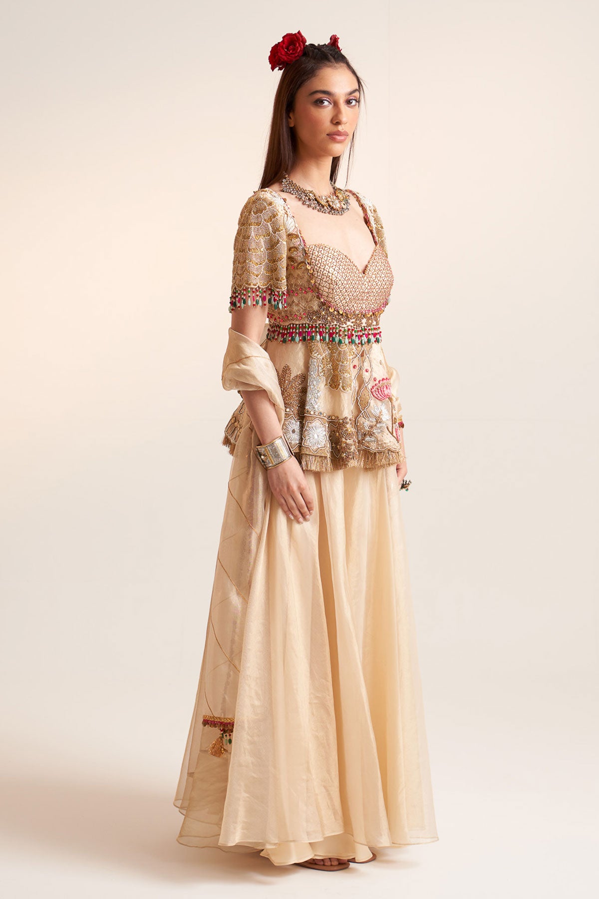 Gold peplum sharara set