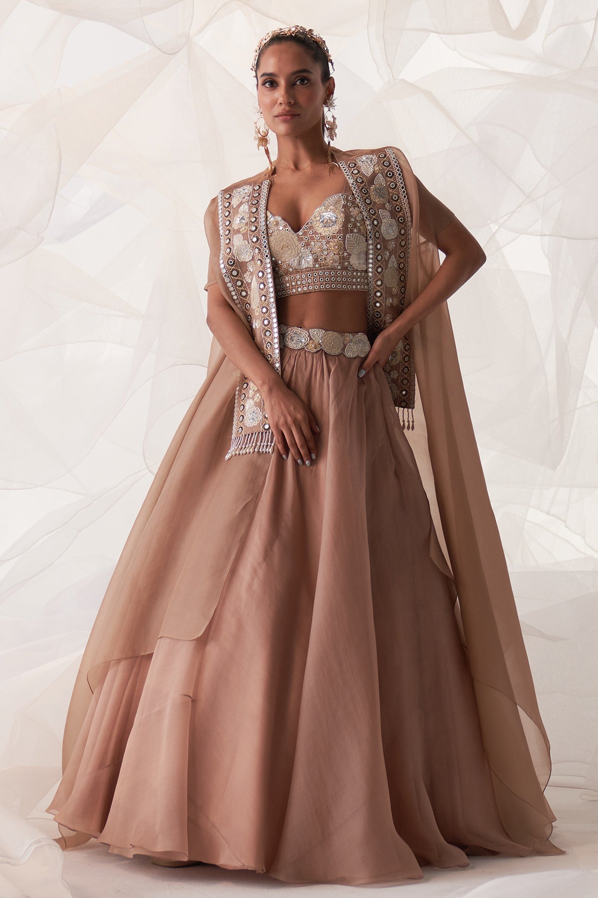 IVORY PEACOCK EMBROIDERED CAPE LEHENGA SET