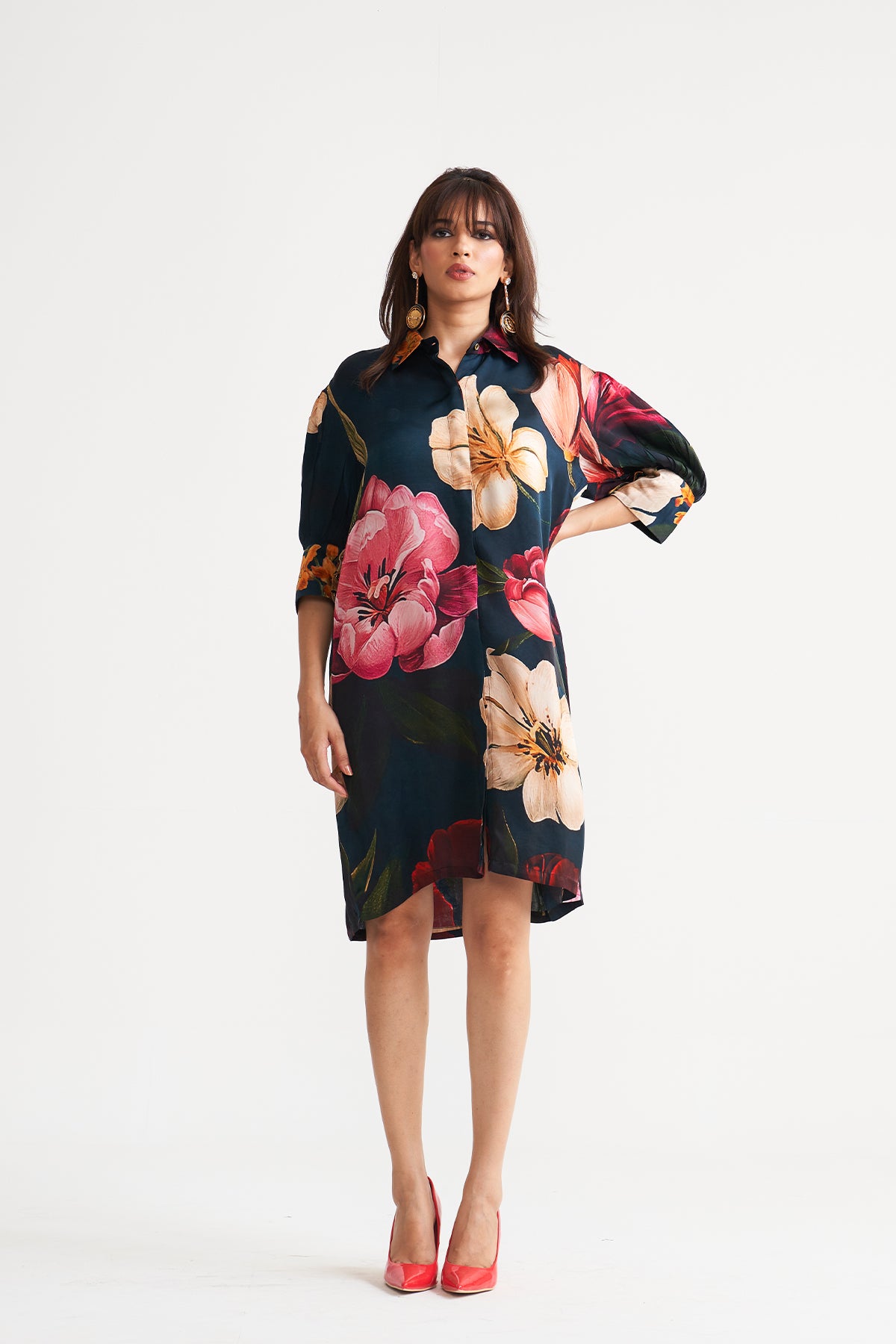 Box yoke pleated dress