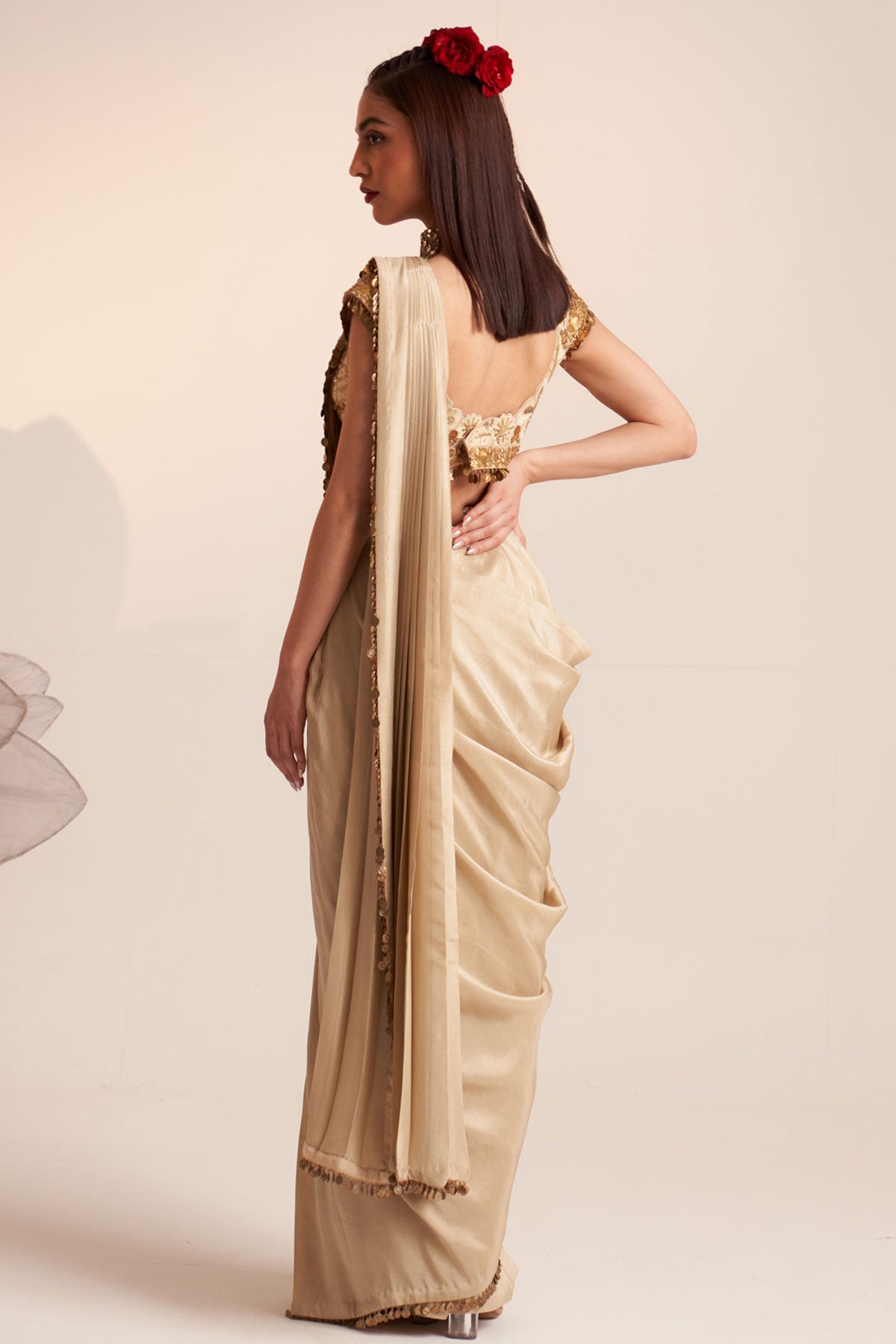 Ivory vintage lily draped saree blouse set