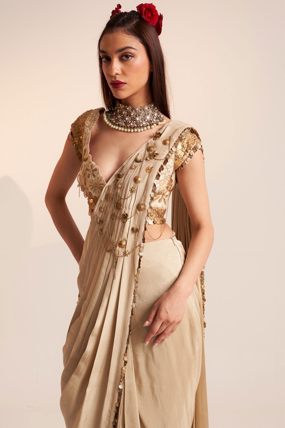 Ivory vintage lily draped saree blouse set