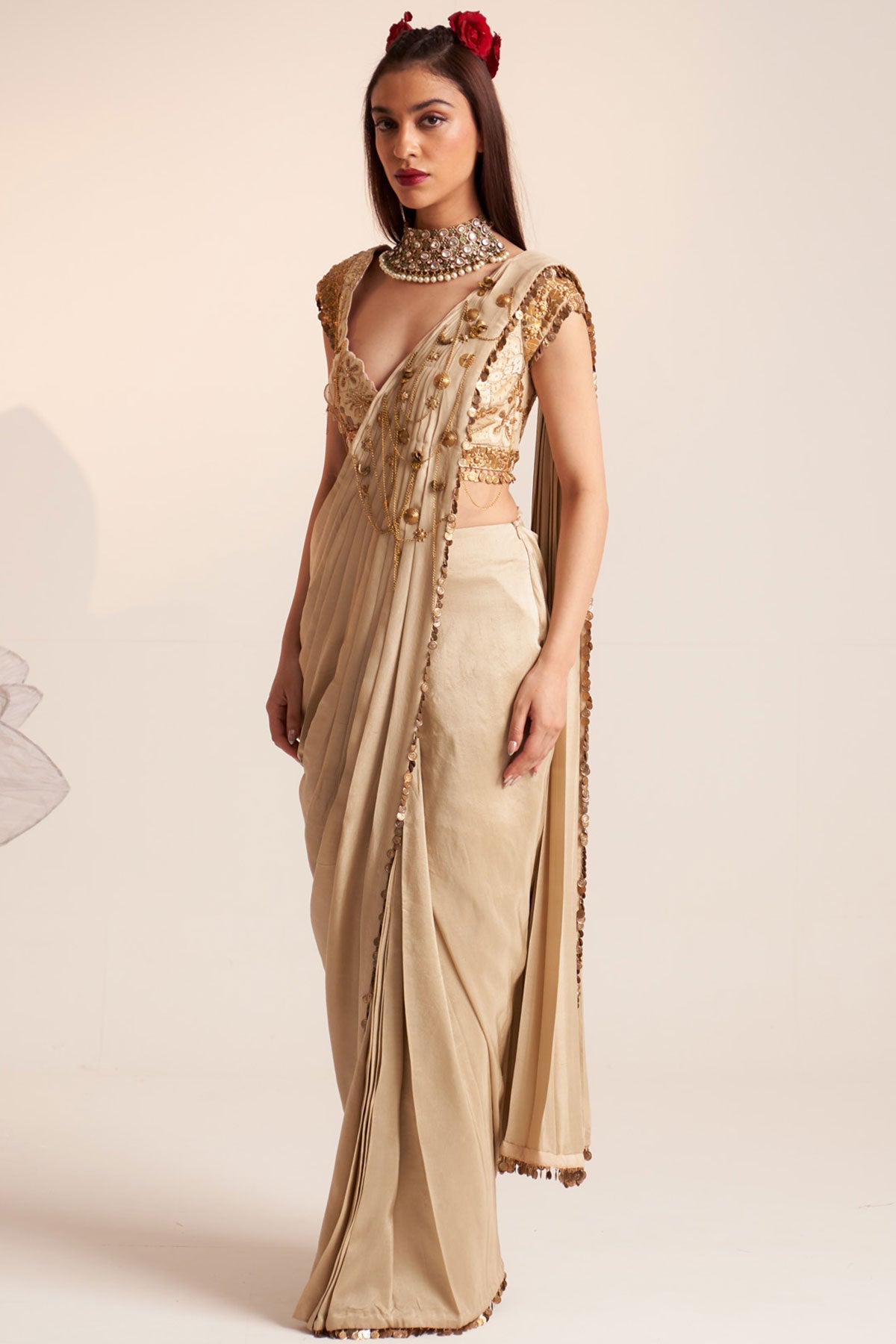 Ivory vintage lily draped saree blouse set