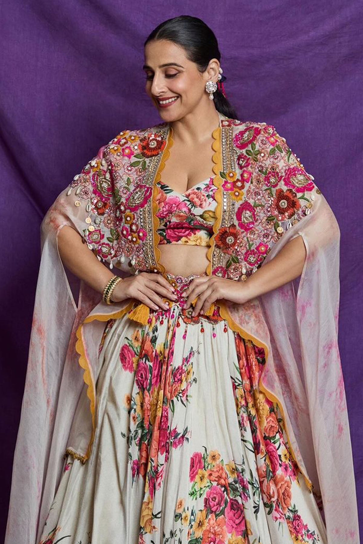 Vidya balan in IVORY MULTI FLORAL CAPE LEHENGA SET