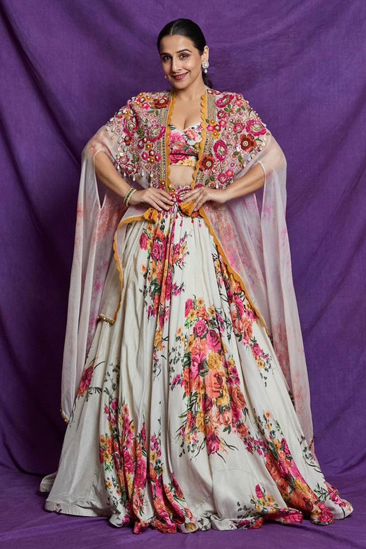 Vidya balan  in IVORY MULTI FLORAL CAPE LEHENGA SET