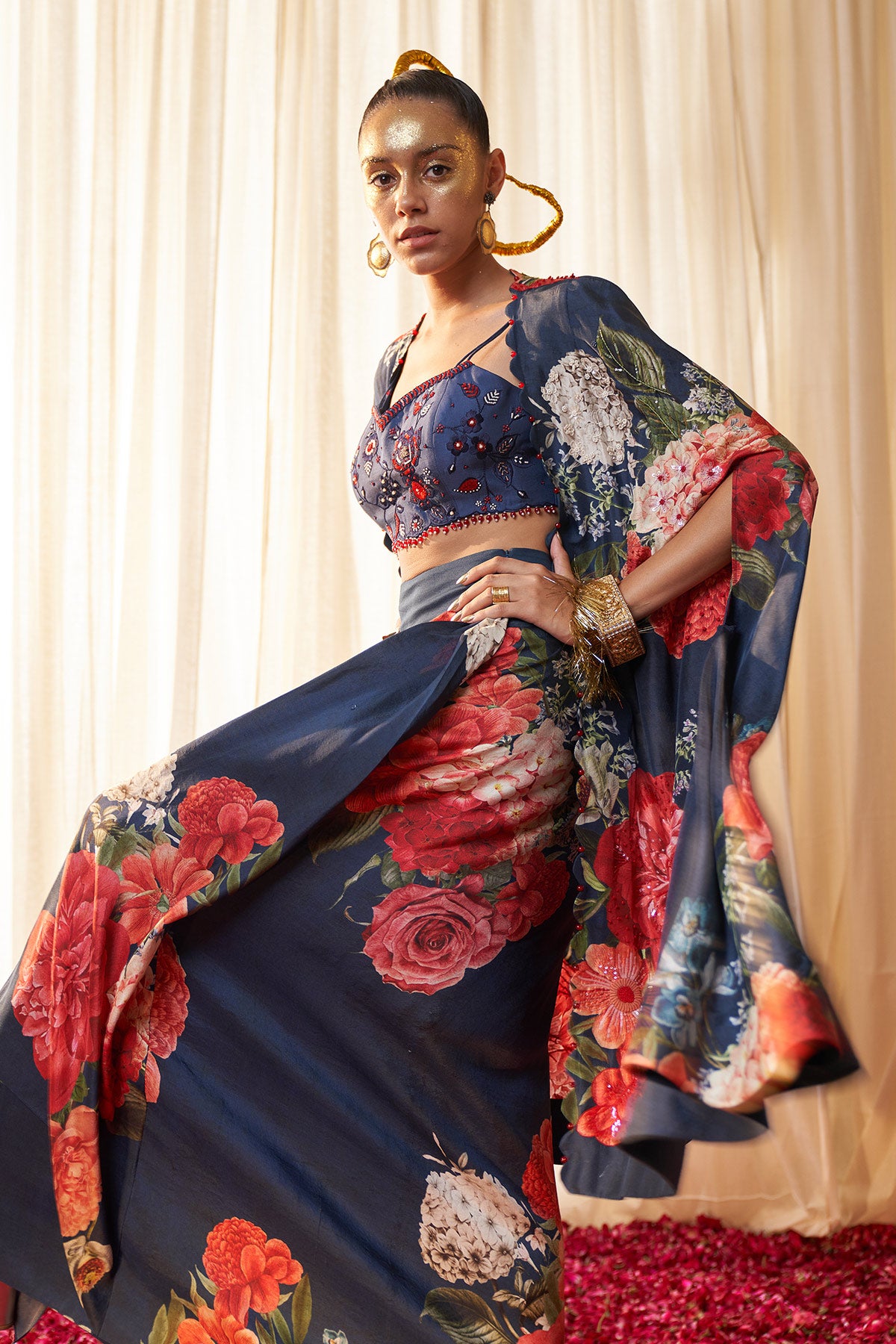 Hand embroidered Cape with bustier and drape skirt