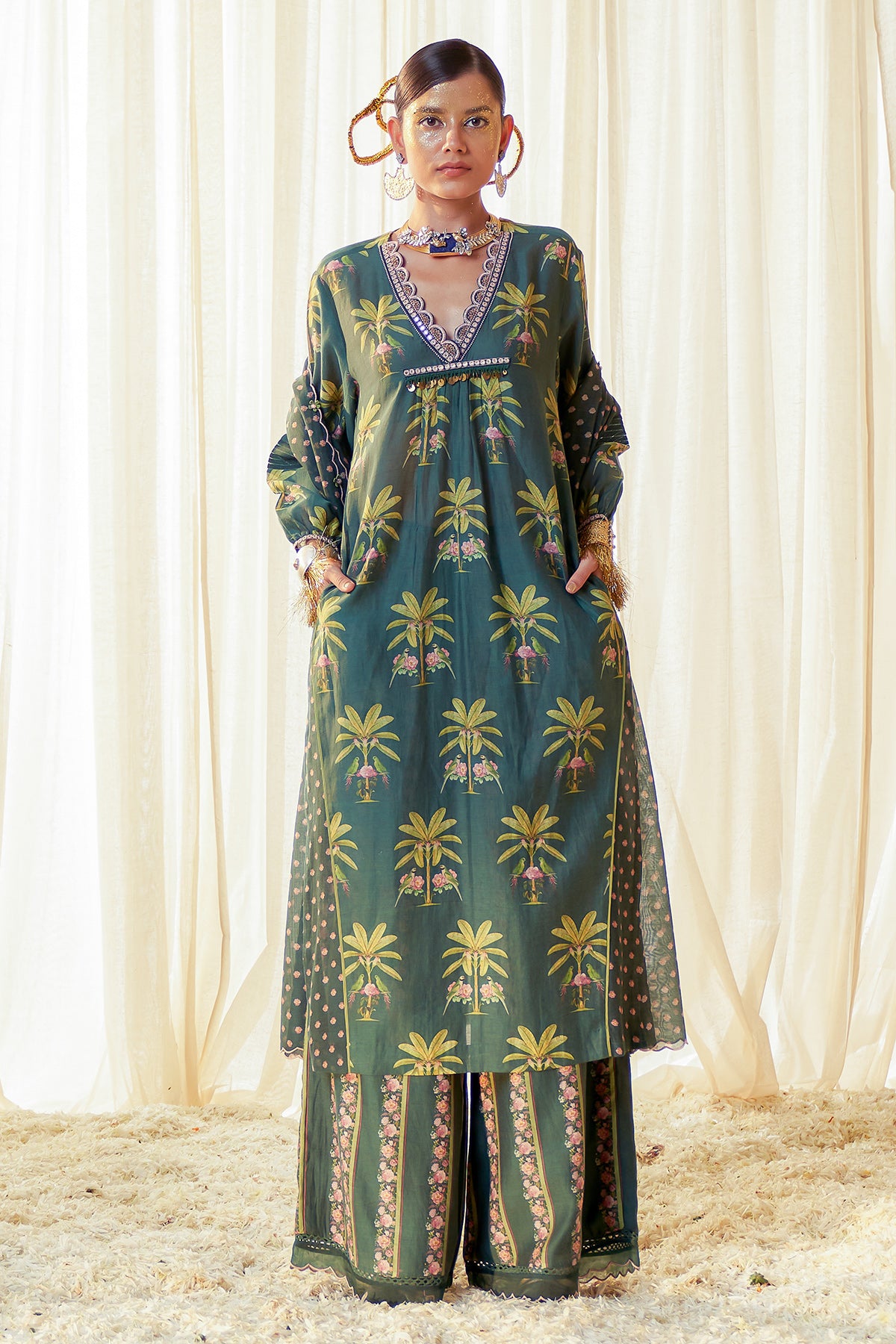 Chandni Scallop Kurta Set (Green)
