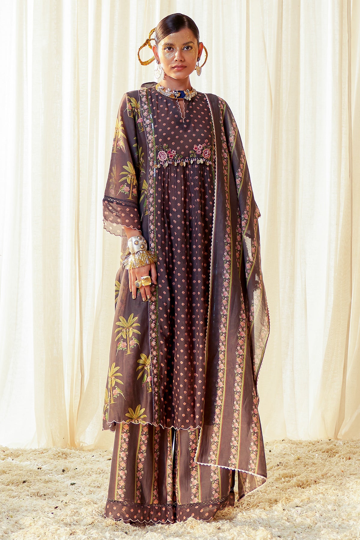 Chandni Floral Polka Panelled Kurta Set(Charcoal Grey)