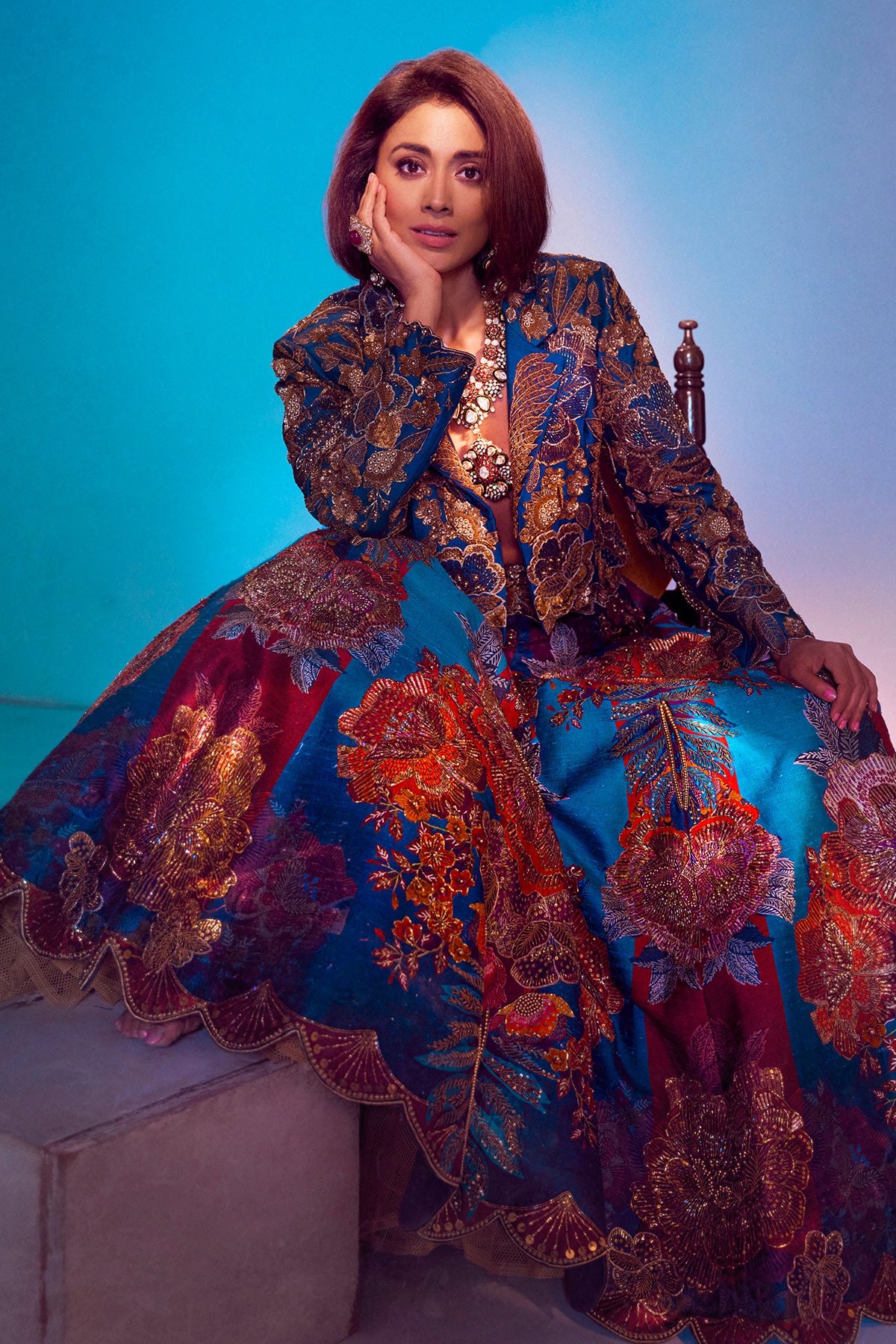 Shriya Saran in Teal Moroccan Velvet Lehenga