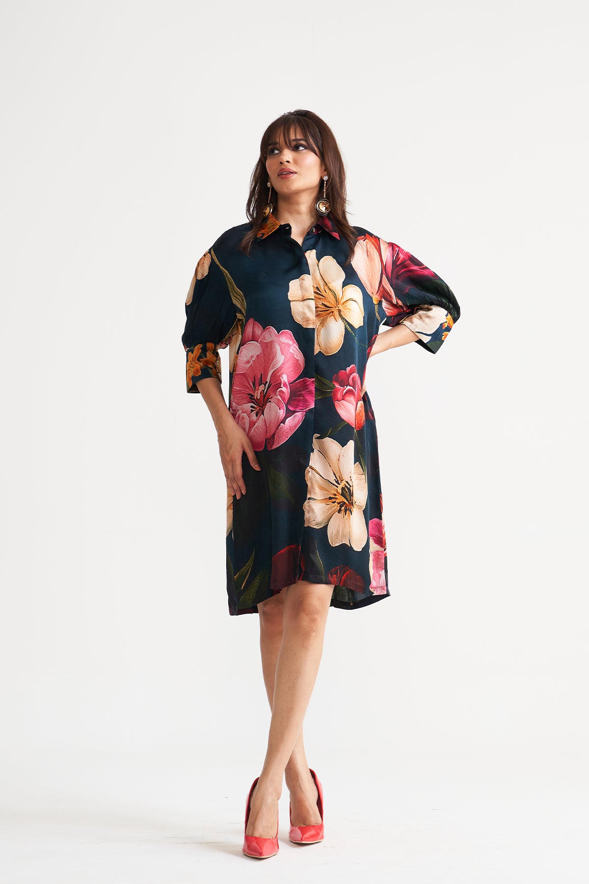 Box yoke pleated dress