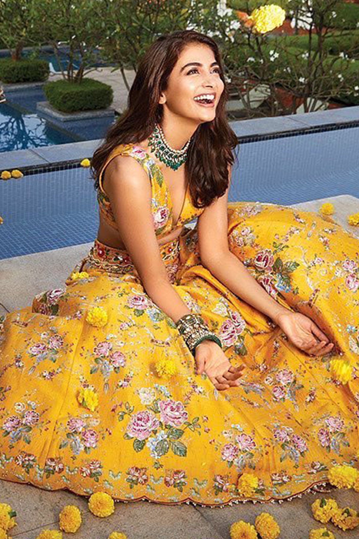 Pooja Hegde In Vintage Rose Lehenga ( Yellow )