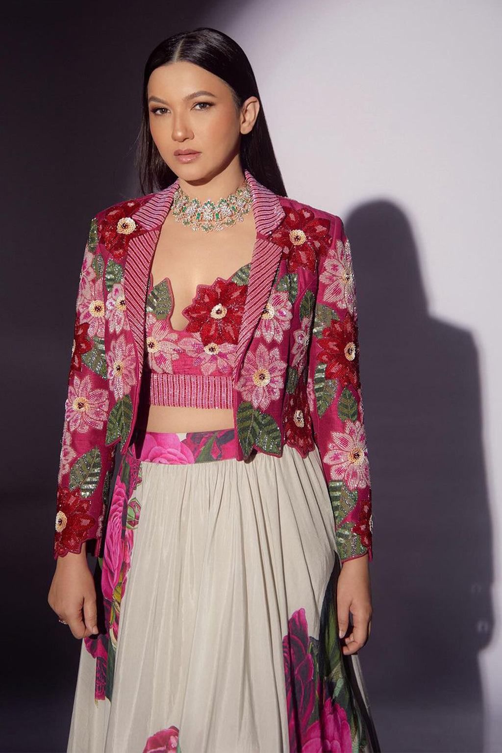 Gauhar Khan in Floral Crop Blazer with Lehenga
