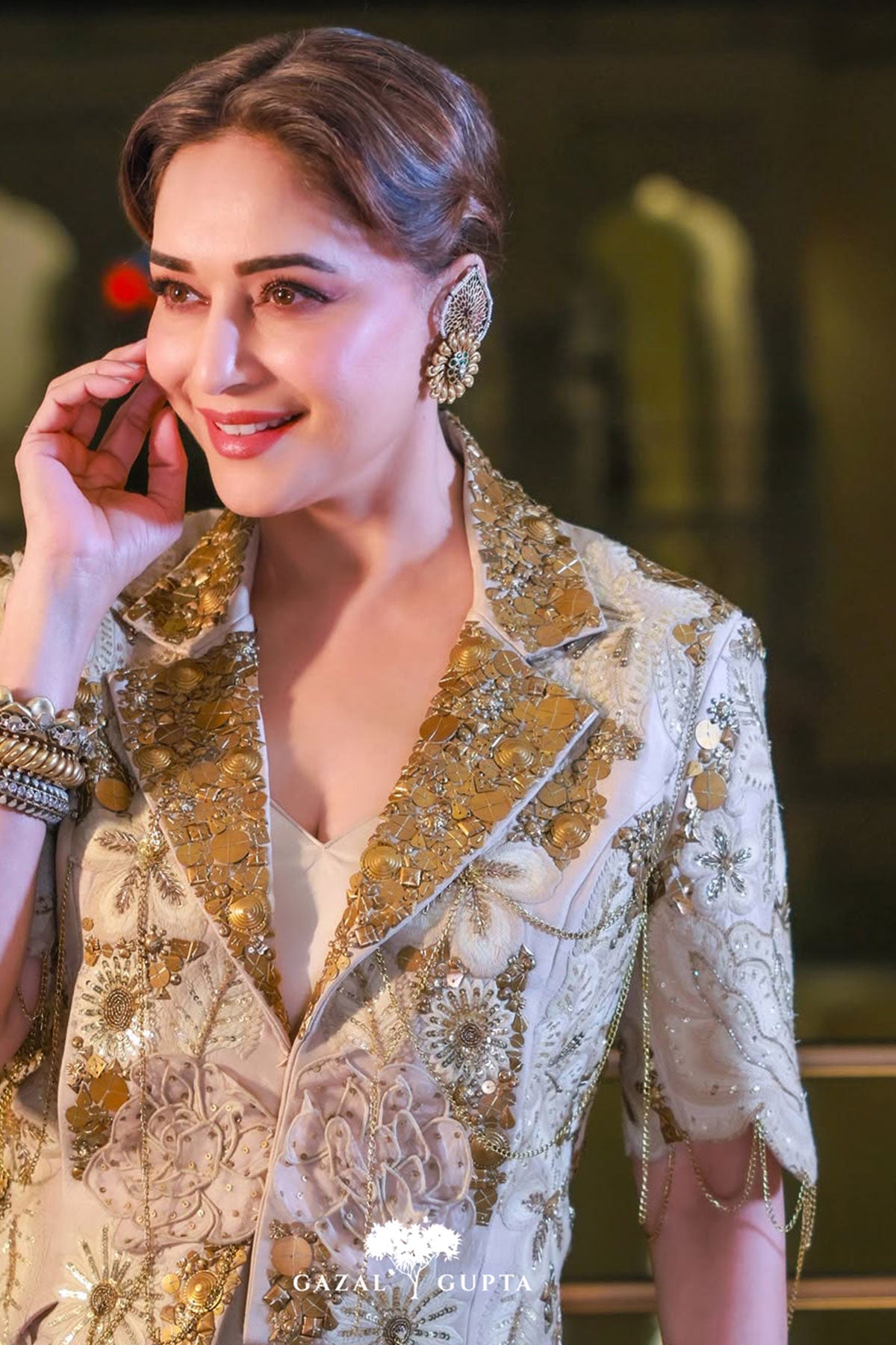 Madhuri dixit in Ivory vintage lily crop blazer set