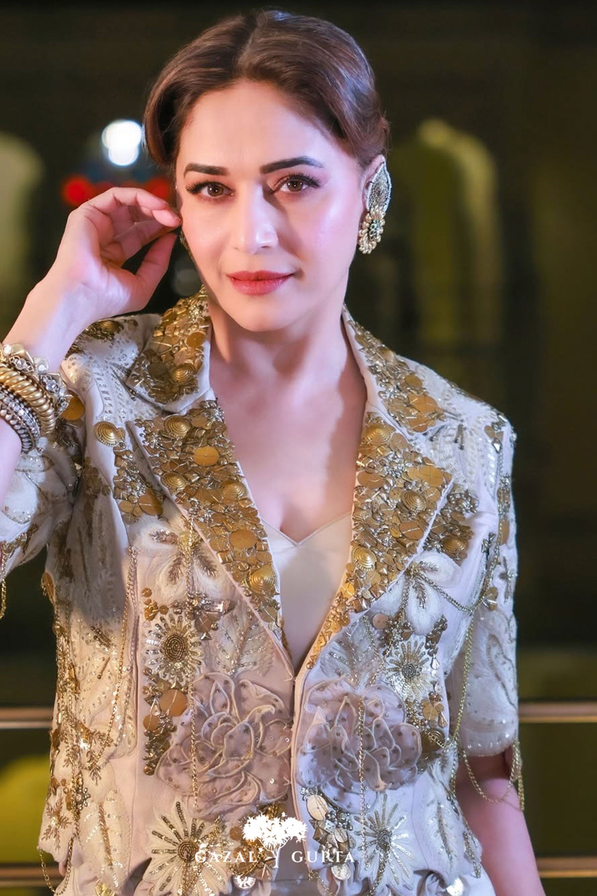 Madhuri dixit in Ivory vintage lily crop blazer set
