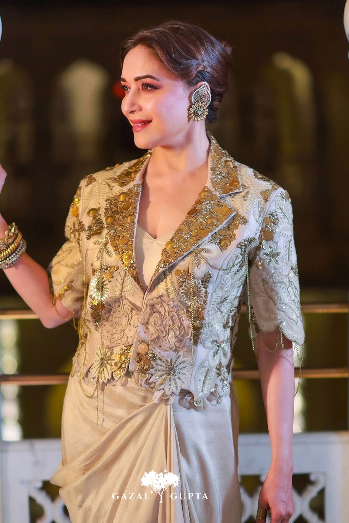 Madhuri dixit in Ivory vintage lily crop blazer set
