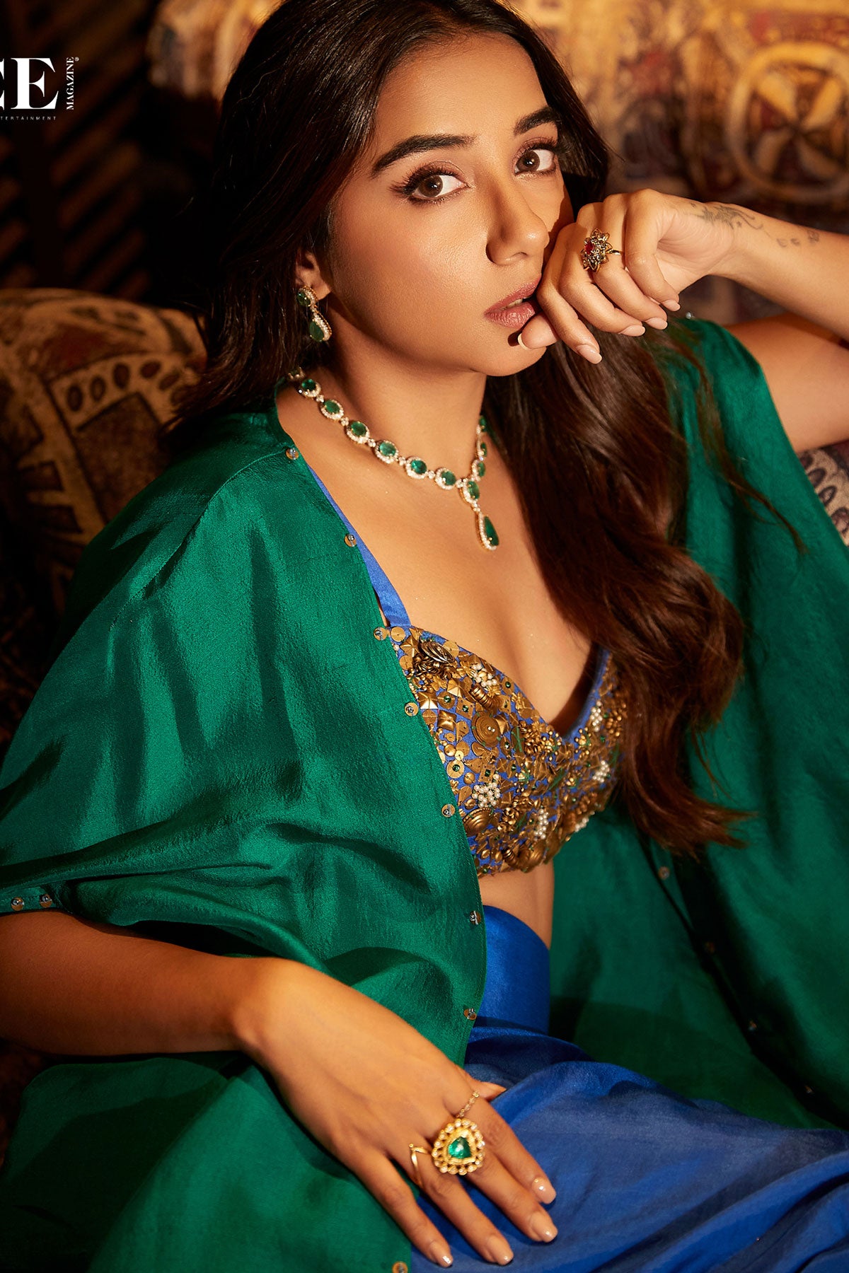 Prajakta Koli in Gold aqua drape skirt and cape set